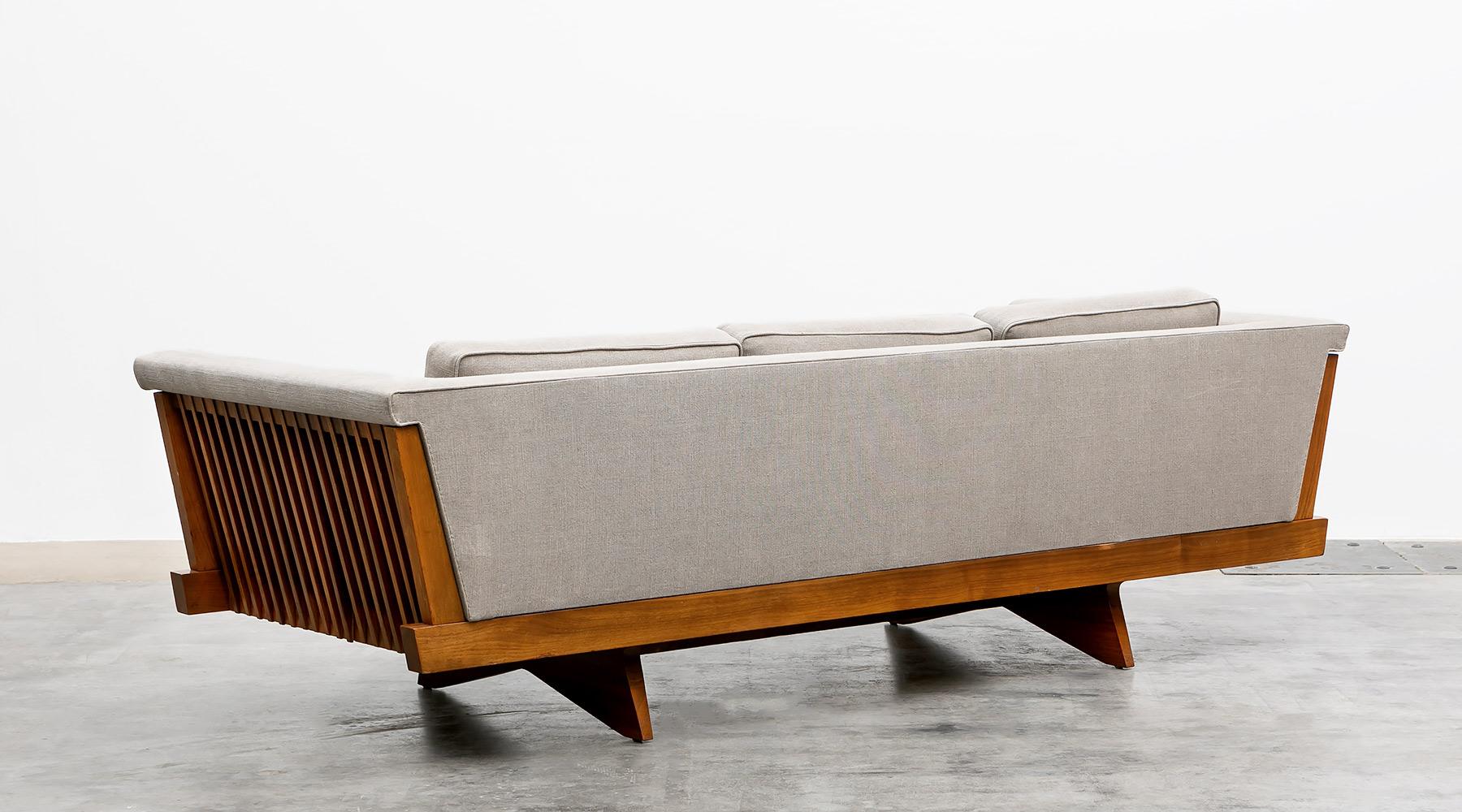 American 1960s Brown Wooden Sofa, New Upholstery by George Nakashima 'd'
