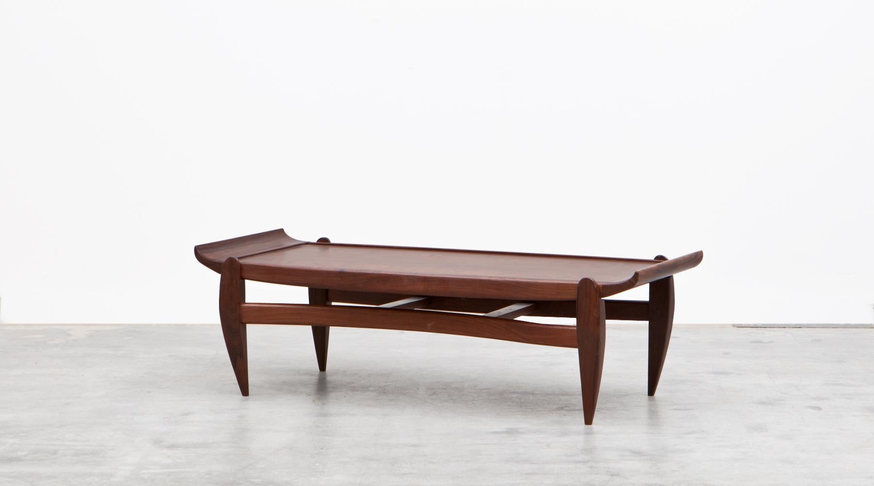 Very rare sofa table designed by Brazilian Jean Gillon in wood and excellent original condition with arched top. Manufactured by Wood Art. Gillon studied Architecture and Fine Arts at the National University in his country of origin, Romania. To