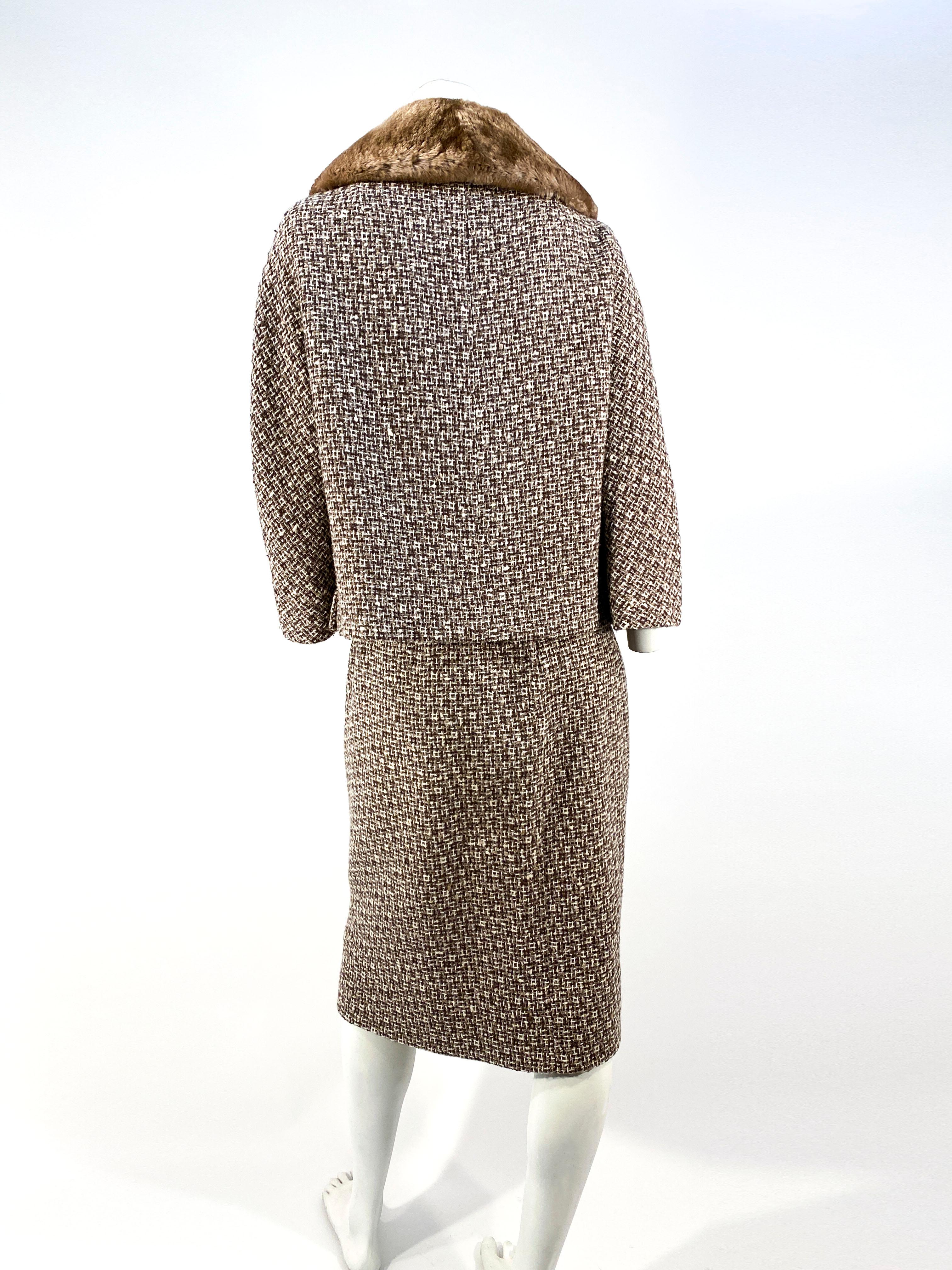 1960s Brown Wool Tweed Suit With Sheared Mink Collar 1