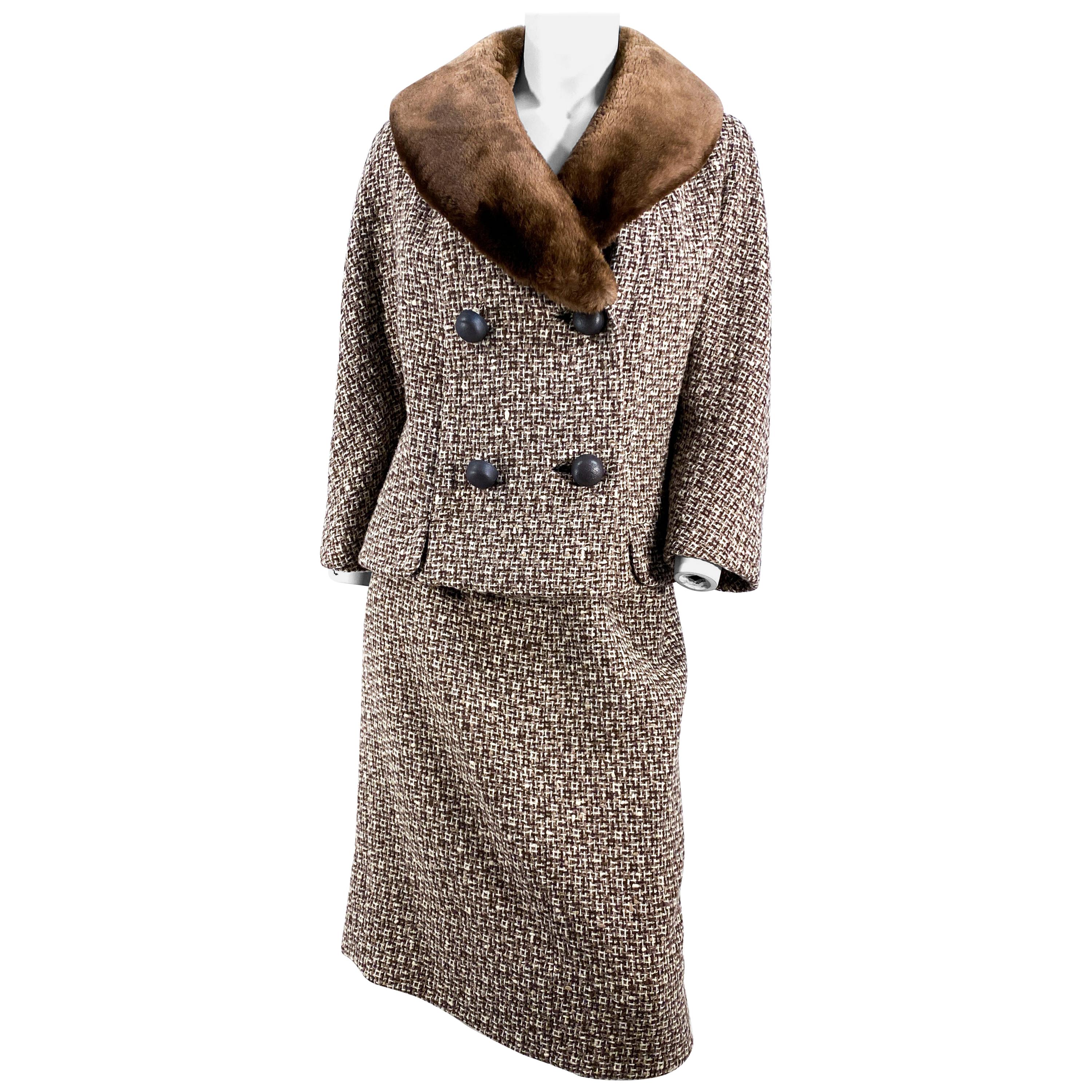 1960s Brown Wool Tweed Suit With Sheared Mink Collar
