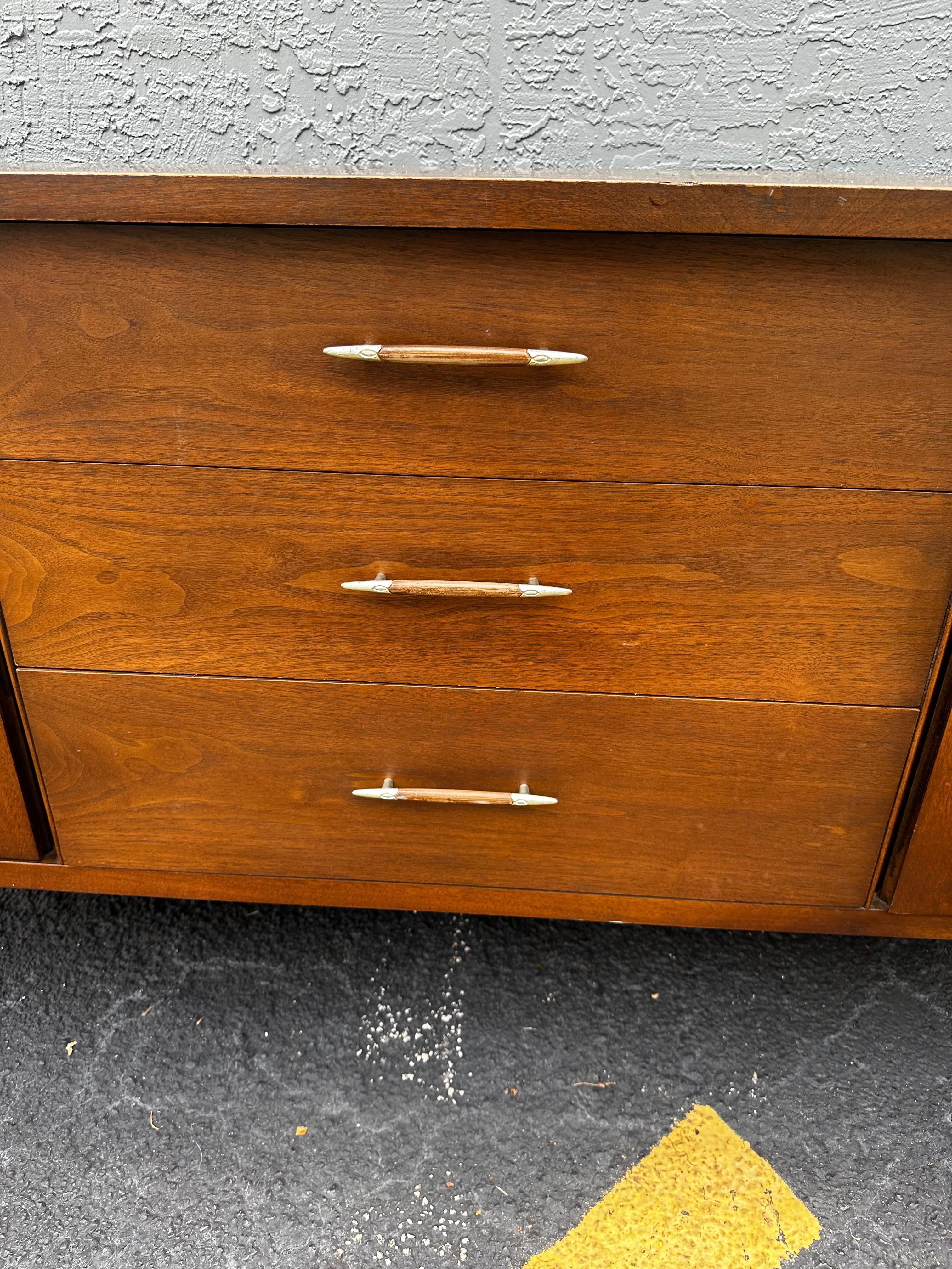 1960s Broyhill Saga MCM Walnut Dresser Drawers Credenza For Sale 1
