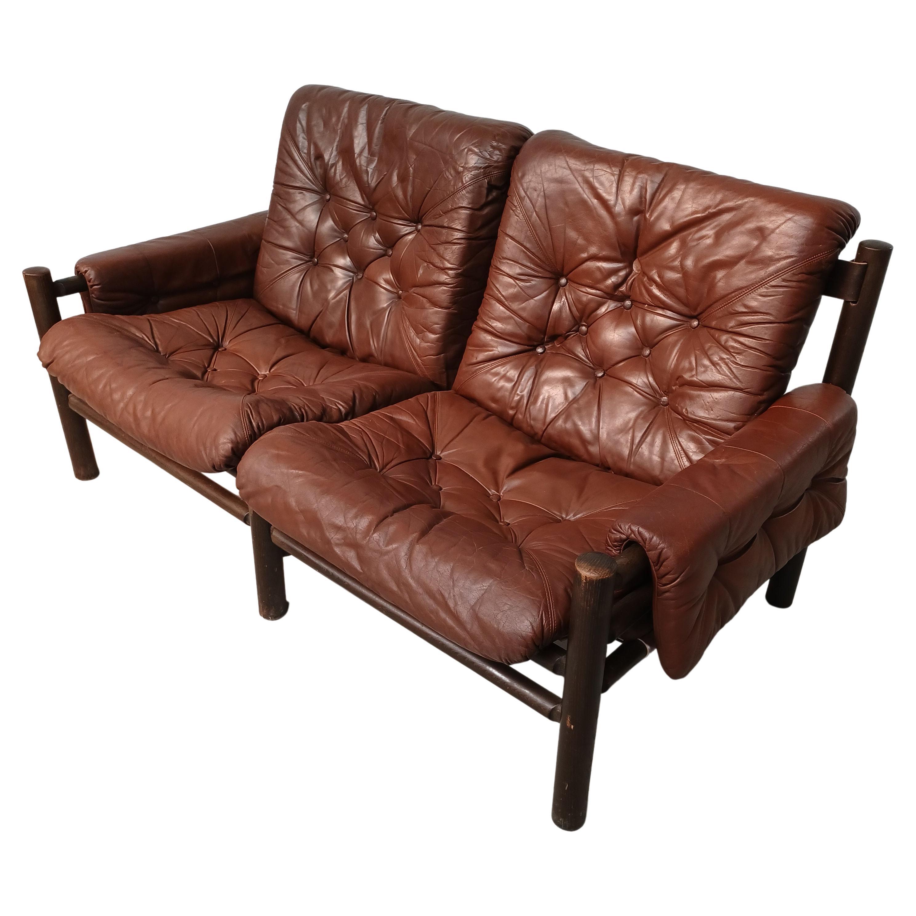 1960's Norwegian Bruksbo Safari Sofa in Wood and Leather For Sale