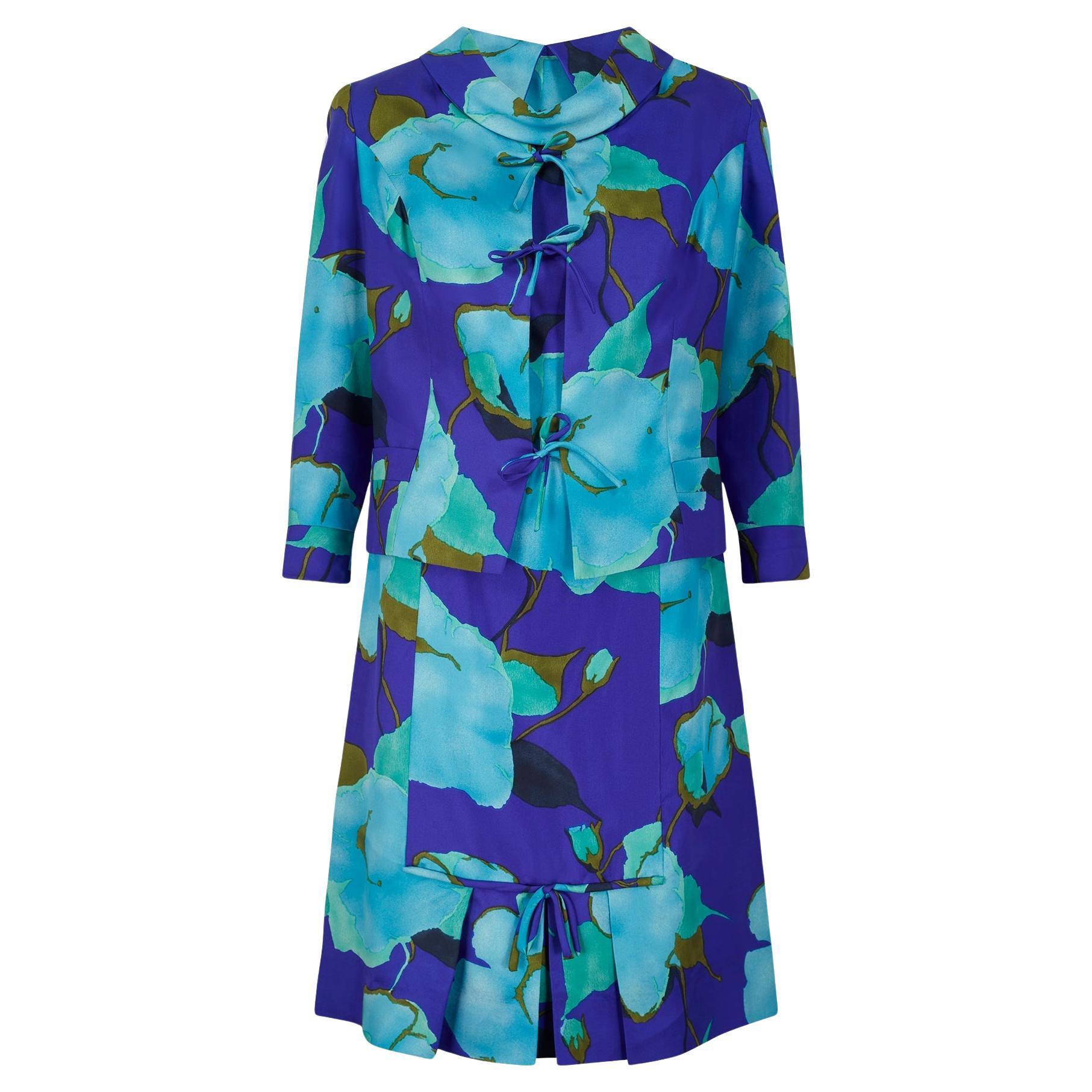 1960s Brunot Soeurs Purple Aqua Floral Dress with Jacket