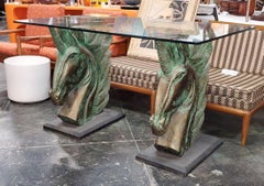 1960s Brutal Unicorn Horse Head Bases with Original Glass Top Dining Table