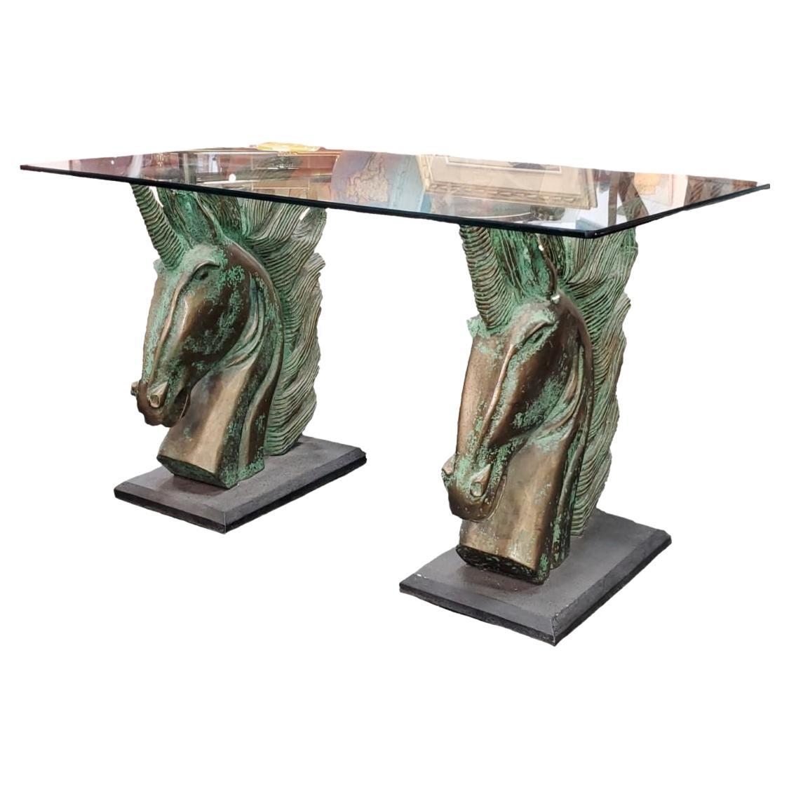 1960s Brutal Unicorn Horse Head Bases with Original Glass Top Dining Table For Sale