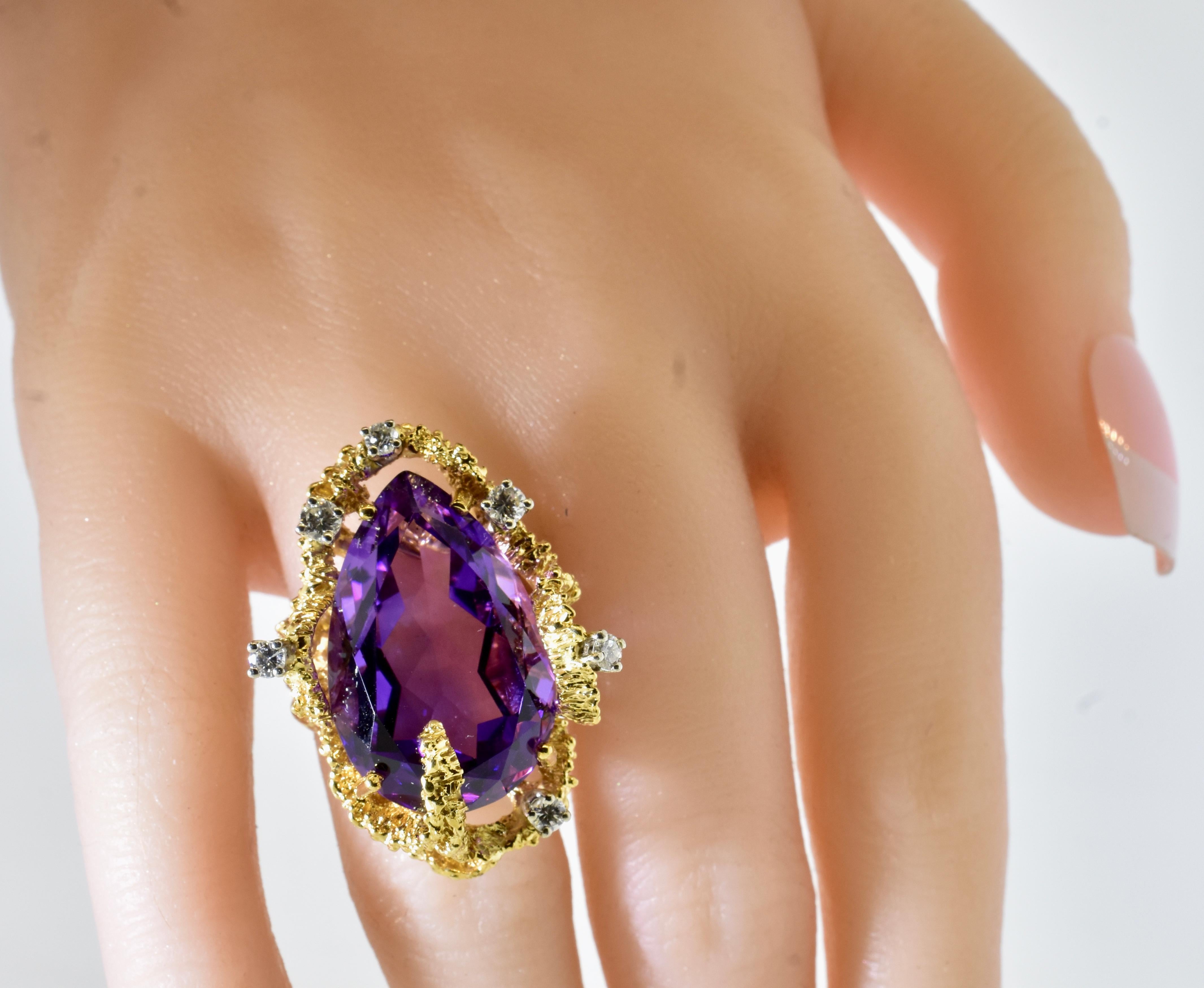 1960's Brutalist Amethyst, Diamond and 18k Yellow Gold Ring, C. 1960 3