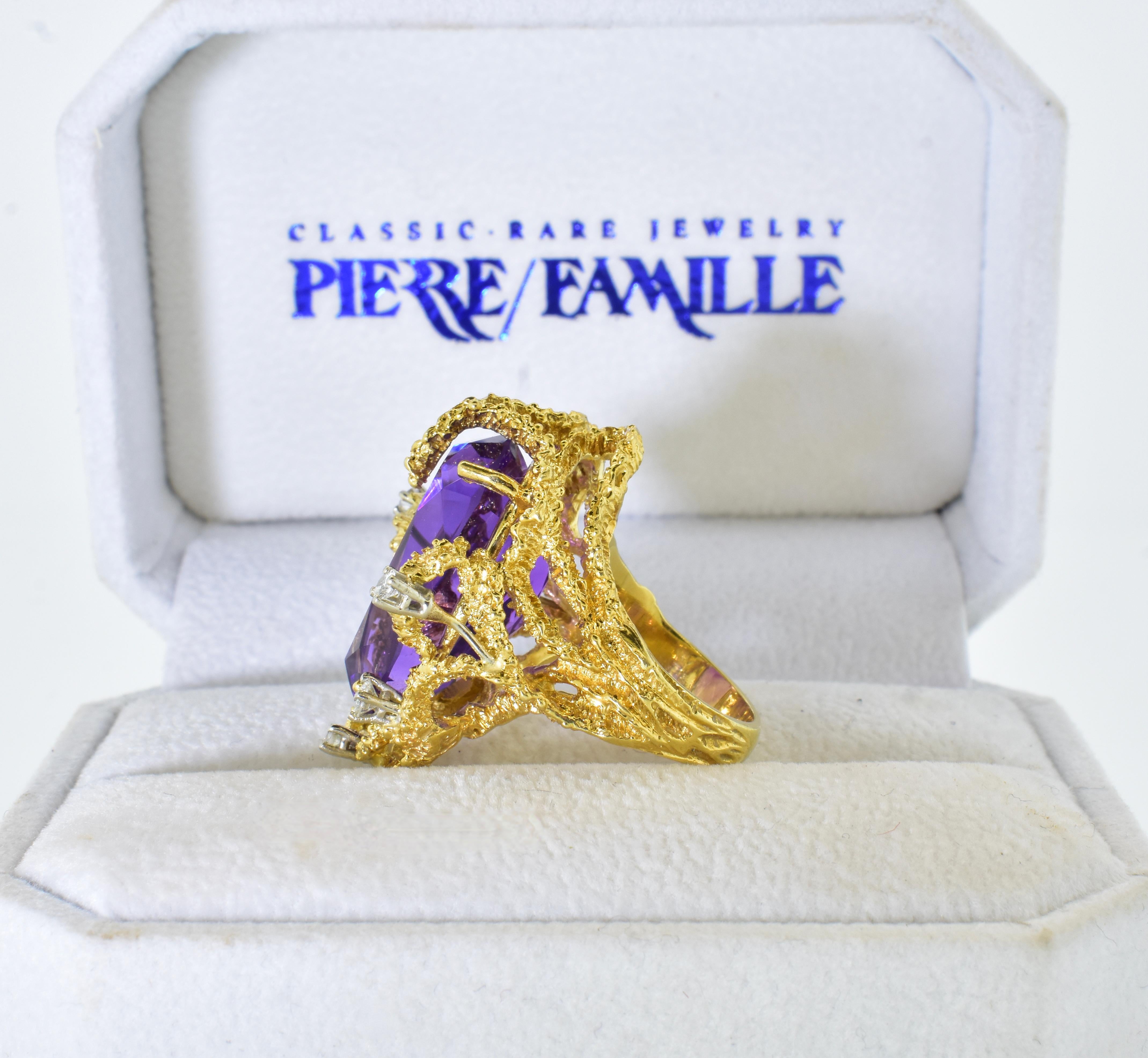 1960's Brutalist Amethyst, Diamond and 18k Yellow Gold Ring, C. 1960 4