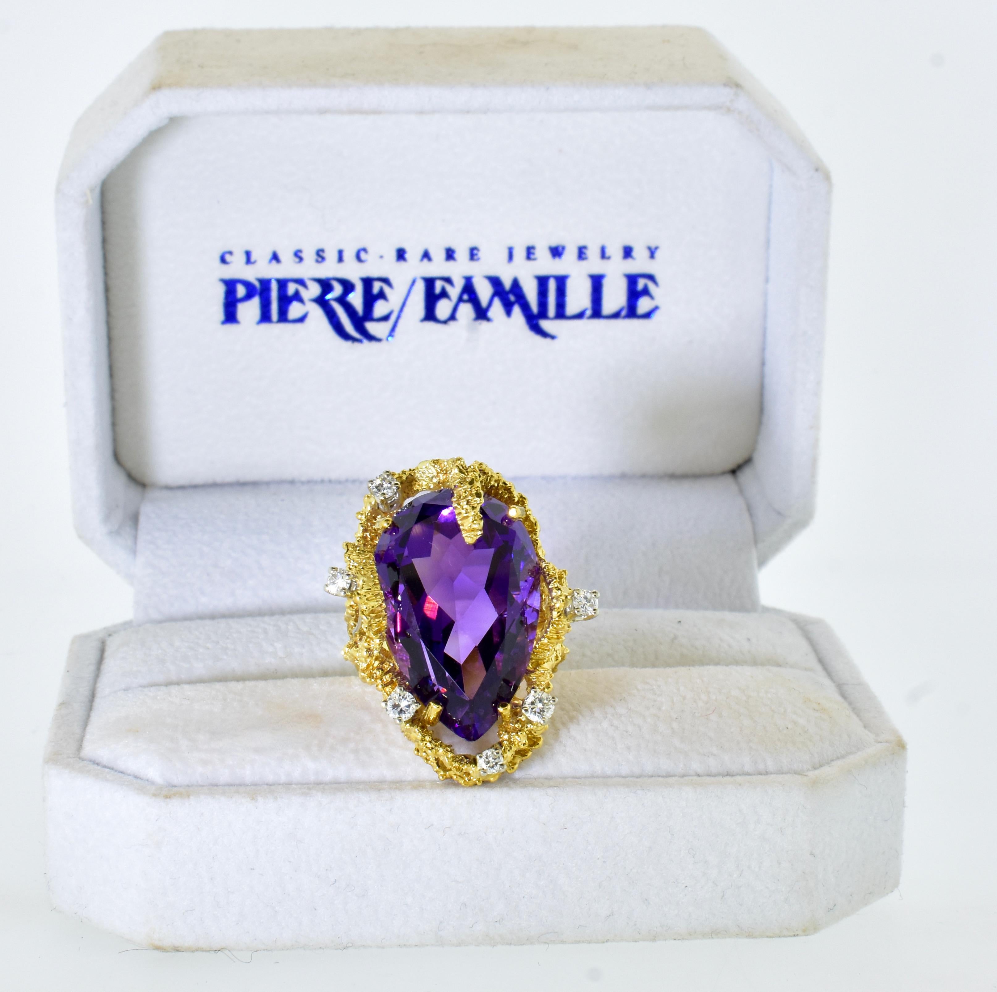 1960's Brutalist Amethyst, Diamond and 18k Yellow Gold Ring, C. 1960 6