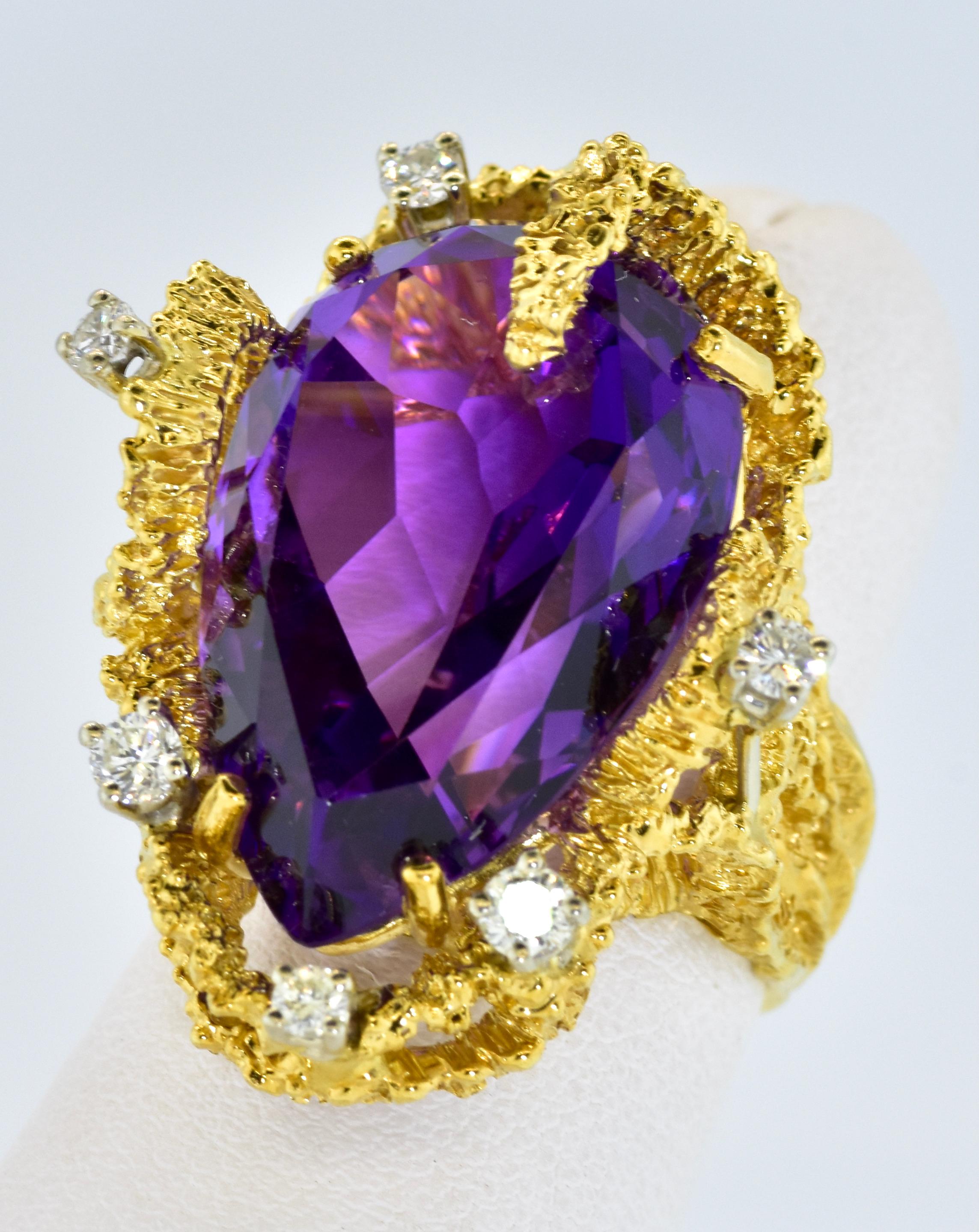 1960's Brutalist 18K ring with amethyst and diamonds probably by Arthur King an American designer in the 1960's and 1970's.  His jewelry can be seen in major museums such as MOMA and the V & A in London.  He was also collected by many of the major
