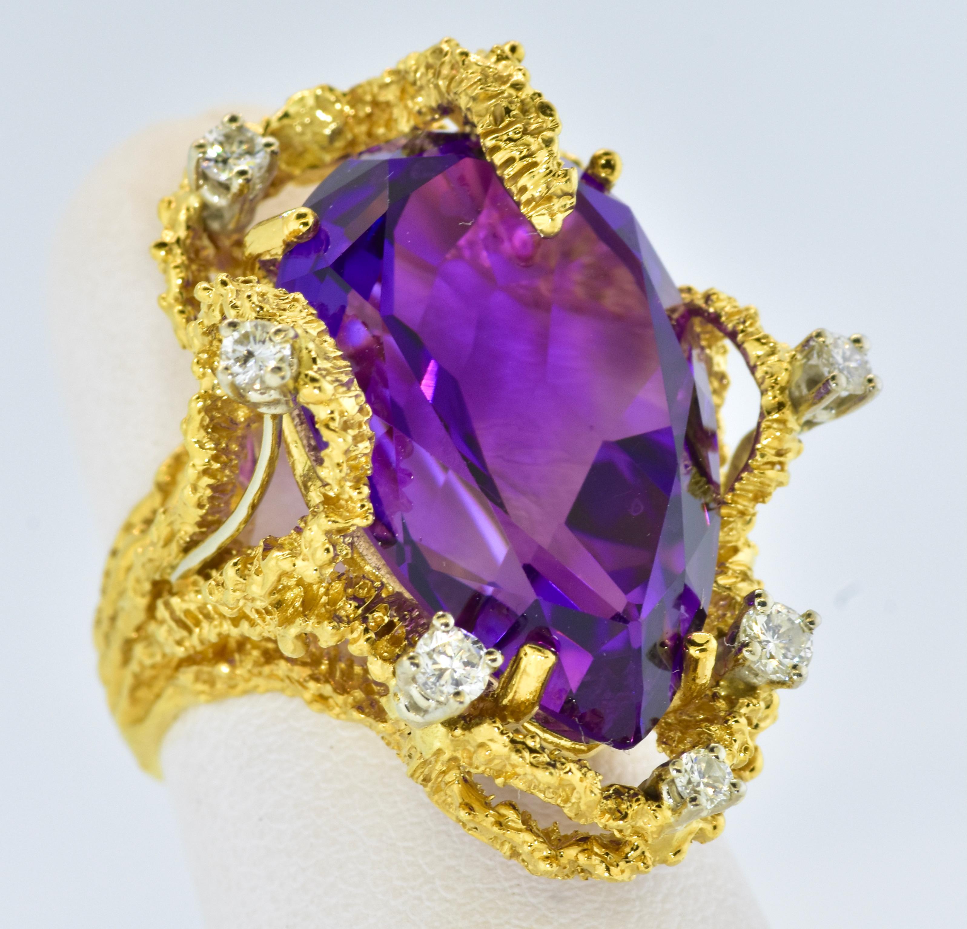 Aesthetic Movement 1960's Brutalist Amethyst, Diamond and 18k Yellow Gold Ring, C. 1960