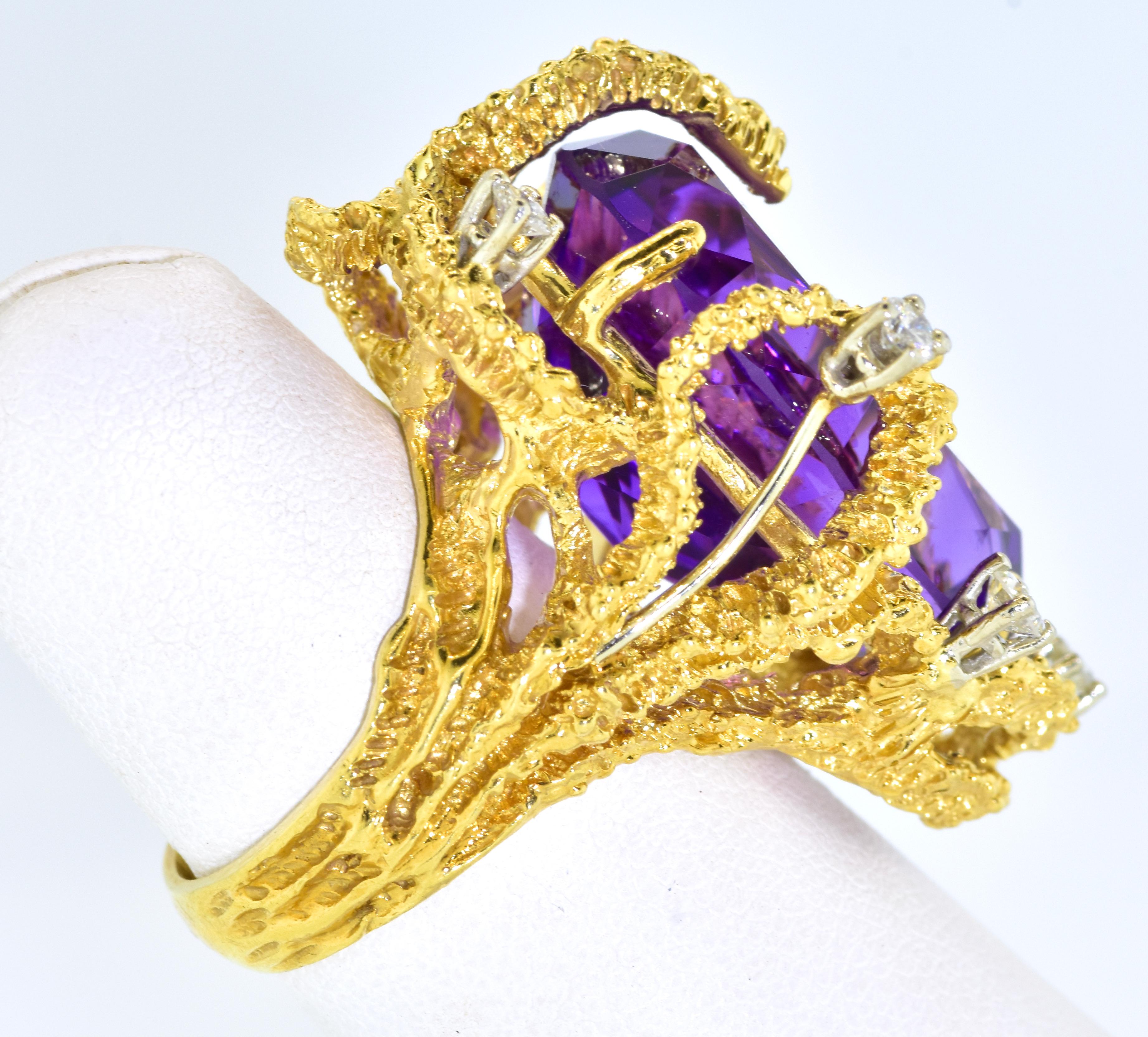 Pear Cut 1960's Brutalist Amethyst, Diamond and 18k Yellow Gold Ring, C. 1960