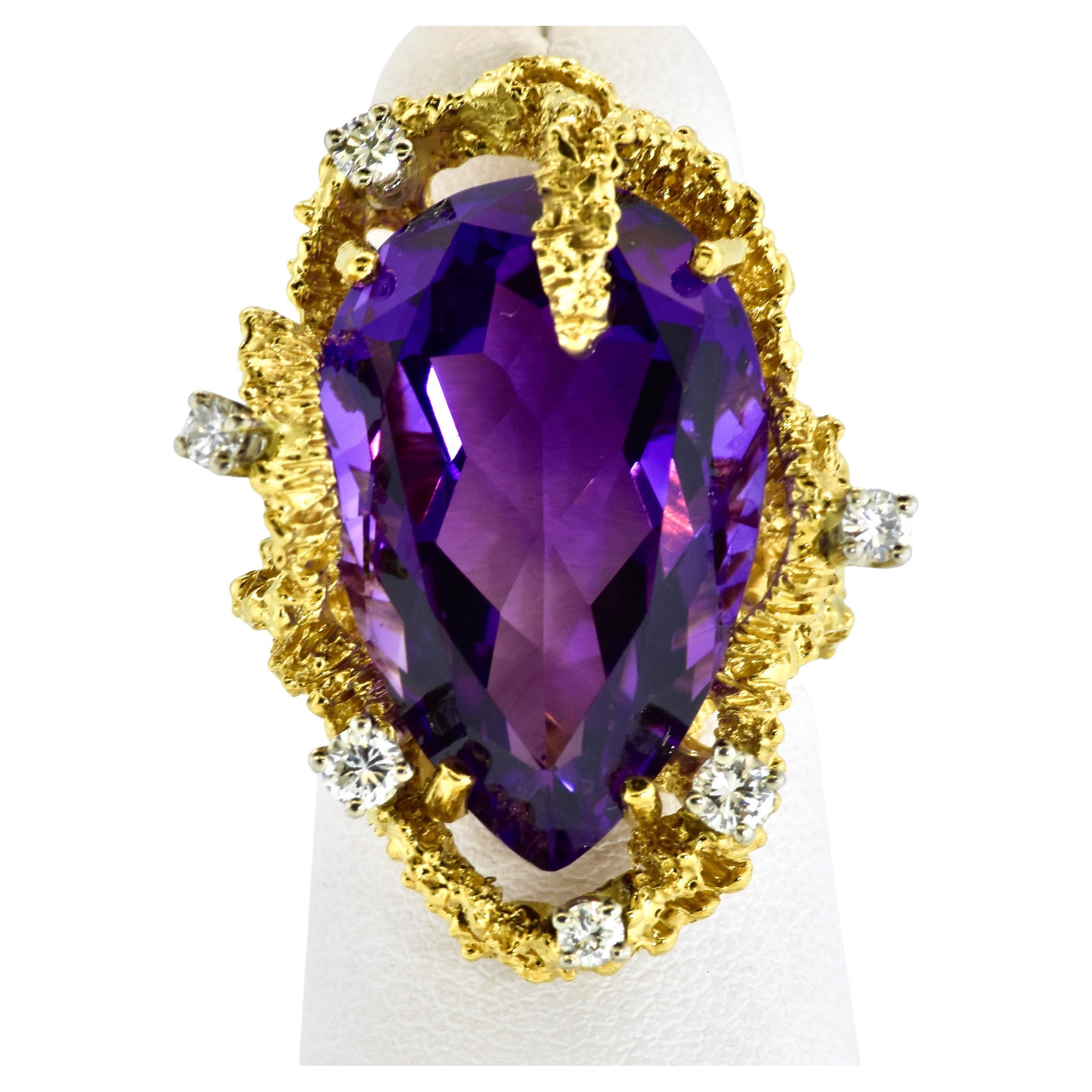 1960
s Brutalist Amethyst, Diamond and 18k Yellow Gold Ring, C. 1960
