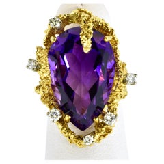 1960's Brutalist Amethyst, Diamond and 18k Yellow Gold Ring, C. 1960