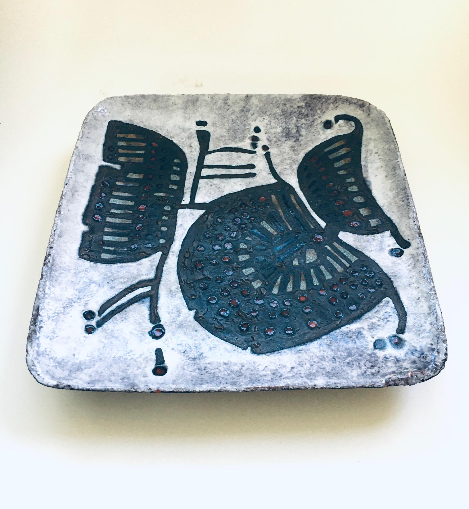 Vintage Brutalist Art Studio Ceramics Large Square Dish by Amphora Perignem. Made in Belgium 1960's. Rogier Vandeweghe / Elisabeth Vandeweghe. XL Square dish / bowl with abstract figural illustrated top in several typical for the Perignem studios