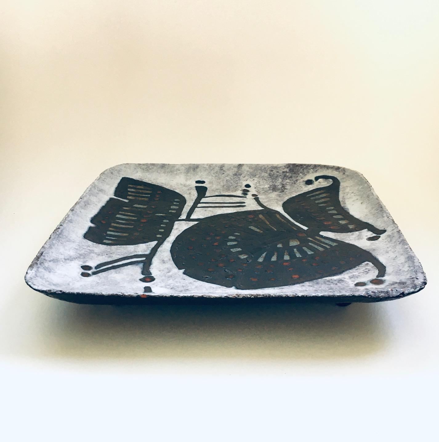 1960's Brutalist Art Studio Ceramics Large Square Dish by Amphora Perignem In Good Condition For Sale In Oud-Turnhout, VAN