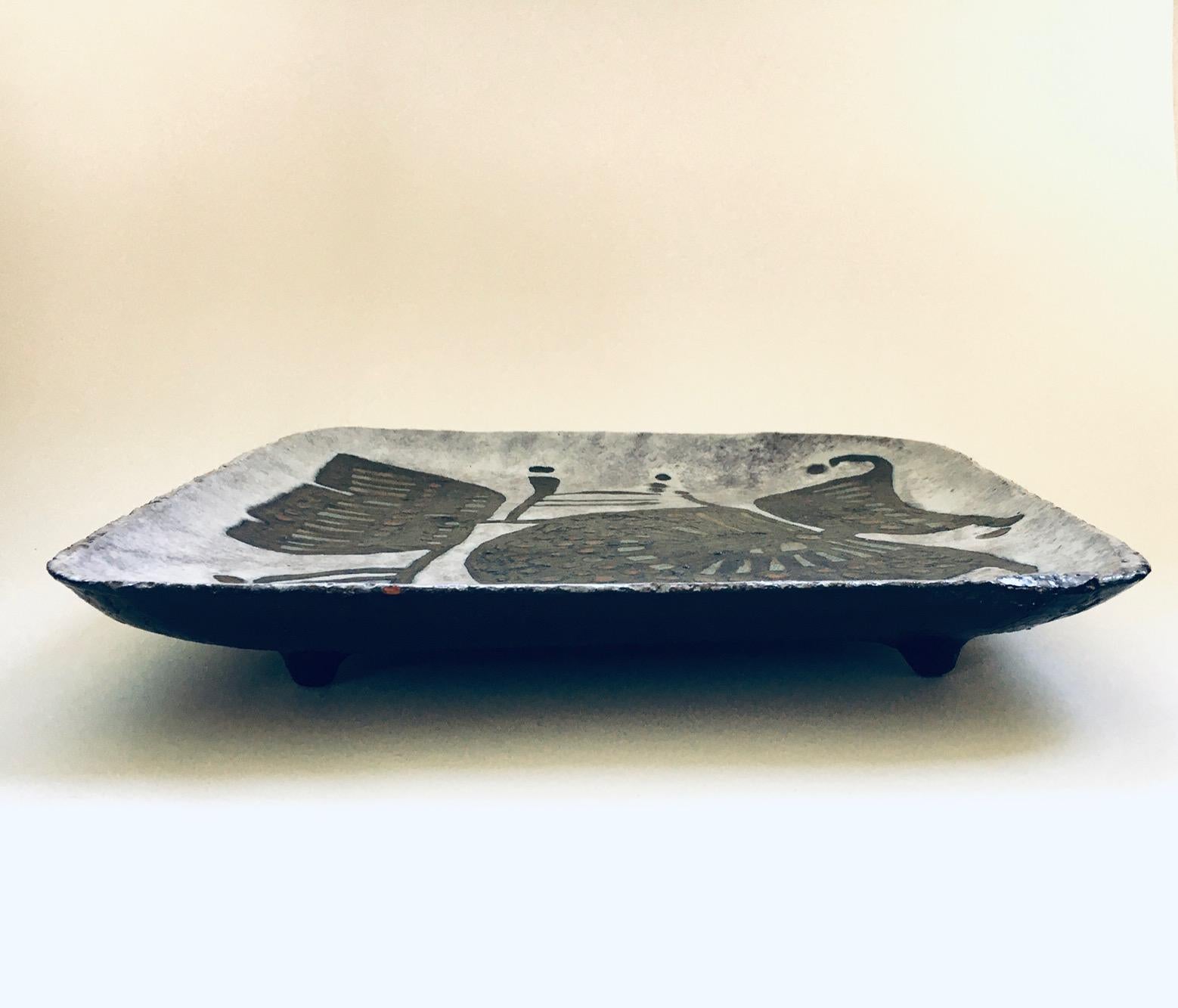Mid-20th Century 1960's Brutalist Art Studio Ceramics Large Square Dish by Amphora Perignem For Sale