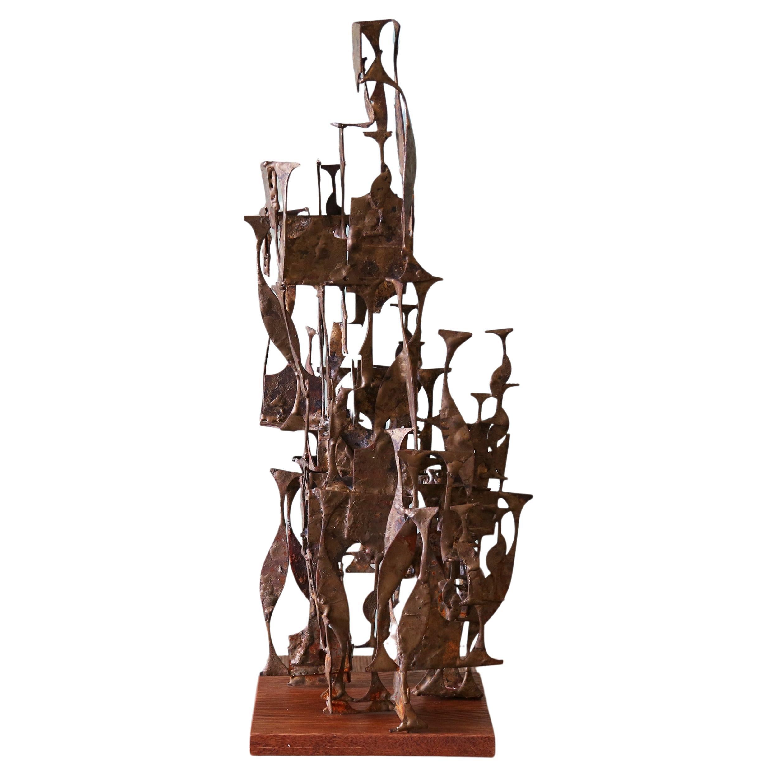 1960s Brutalist Brass Melt Coated Steel Sculpture 26" High For Sale