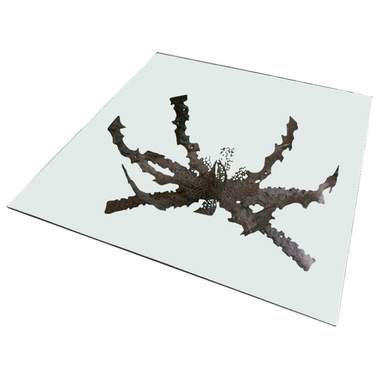 1960s Brutalist Bronze and Glass Coffee Table by Daniel Gluck