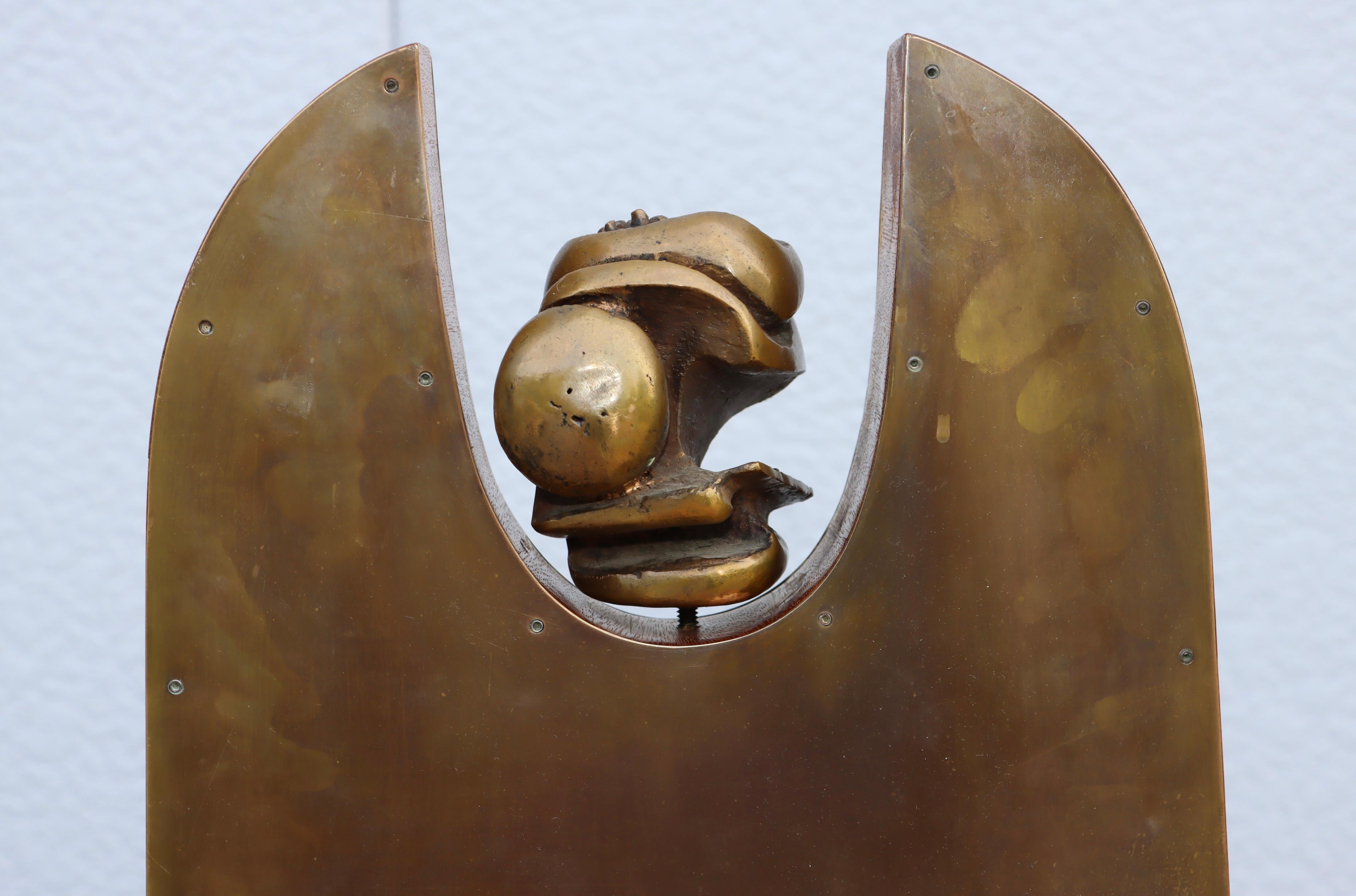 American 1960's Brutalist Bronze Brass And Walnut Sculpture For Sale