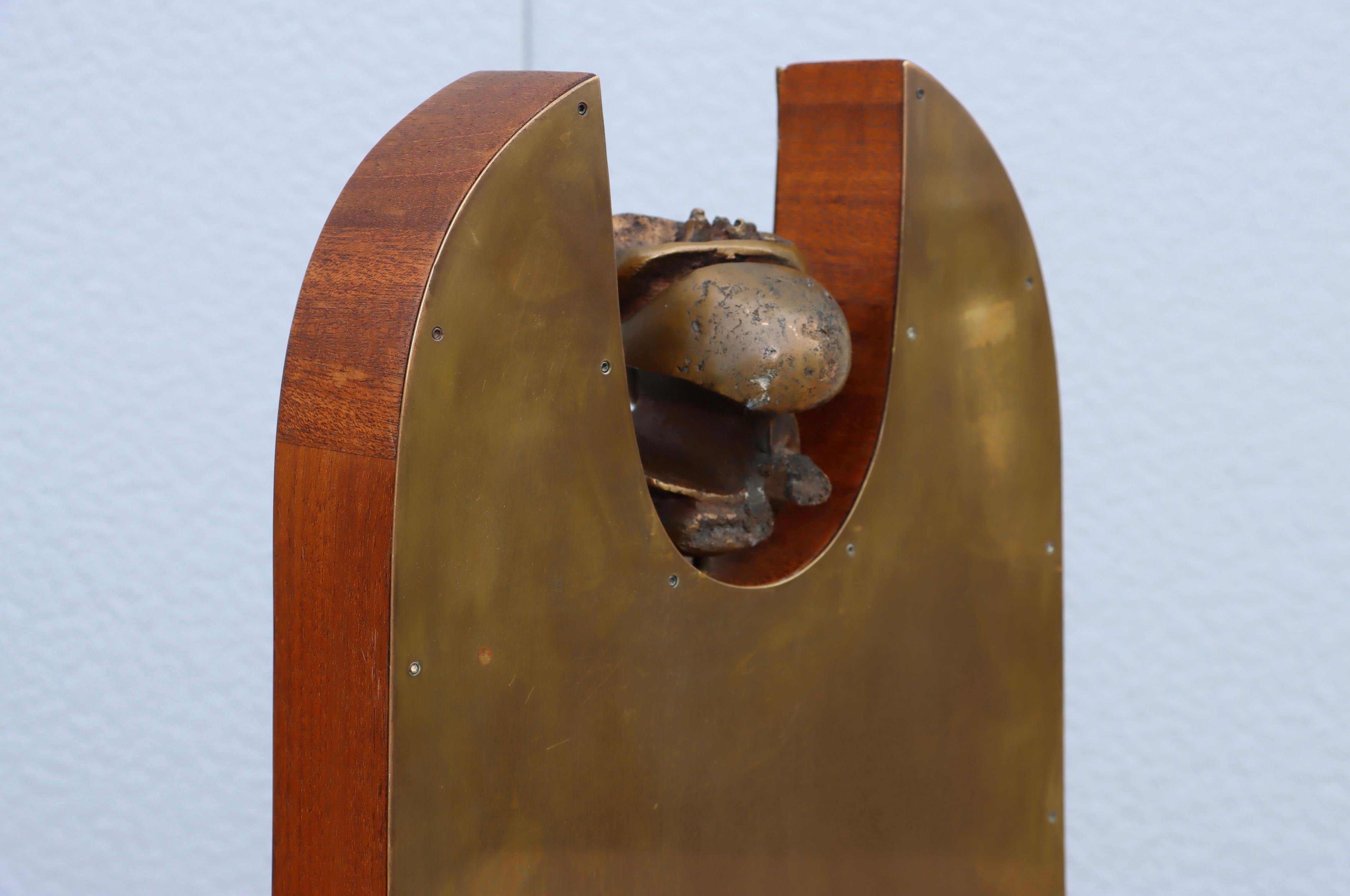 1960's Brutalist Bronze Brass And Walnut Sculpture For Sale 2