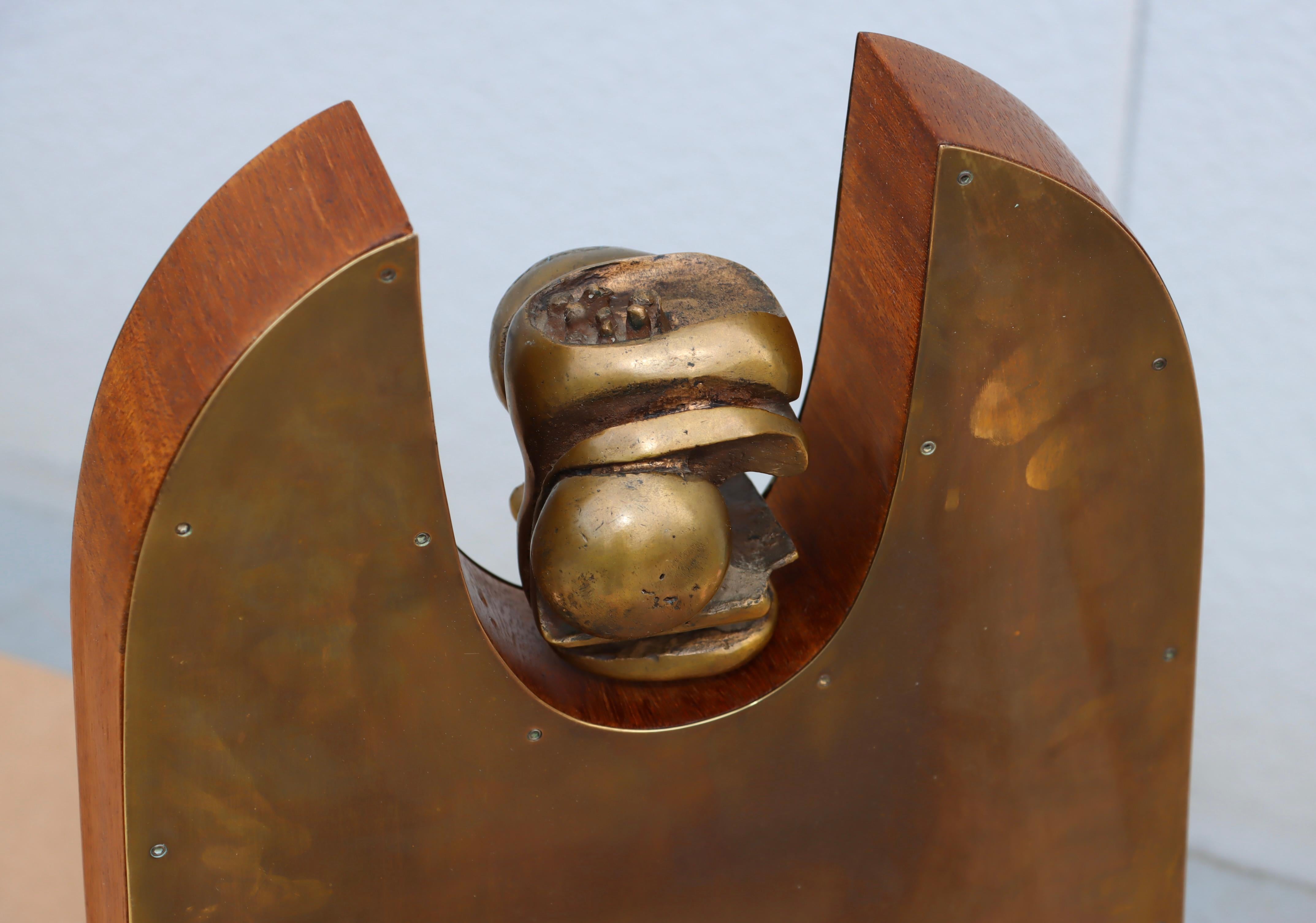 1960's Brutalist Bronze Brass And Walnut Sculpture For Sale 3