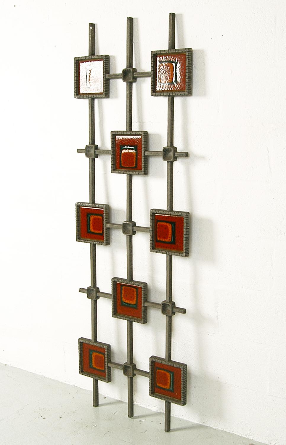 Highly decorative 1960s Brutalist door security grille, made from cast aluminium with wonderful ceramic tile inserts. This vintage architectural piece could easily be mounted on the wall as a piece of art or used as a decorative partition.