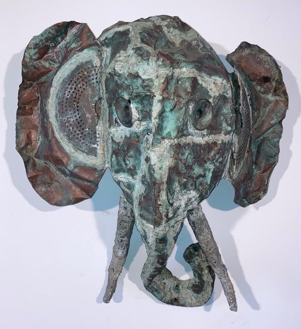 A truly unique - and powerful - Brutalist wall sculpture constructed from found pieces of sheet copper and other copper elements, made by American sculptor Rhoda Howard in the 1960s. She cut, bended and twisted the metal into shapes corresponding to