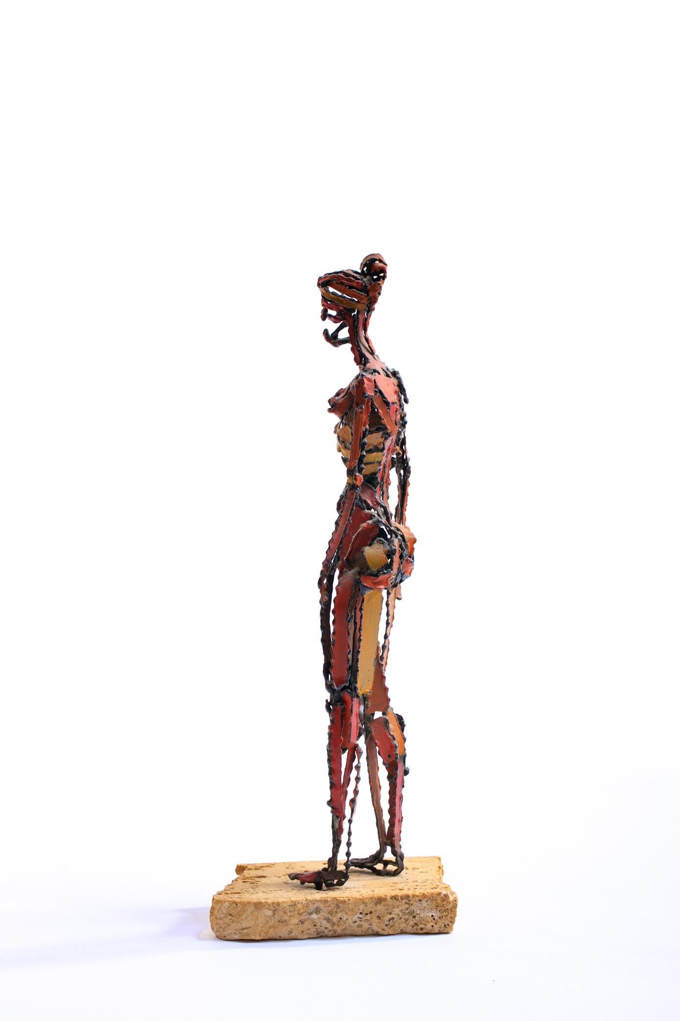 American 1960s Brutalist Female Nude Sculpture of Painted Iron on Travertine Base