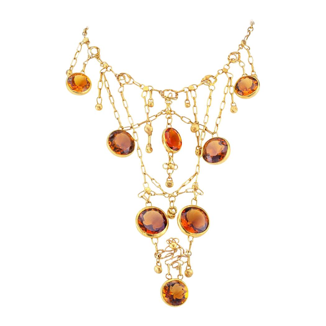 1960s Brutalist Handmade Citrine Yellow Gold Bib Necklace