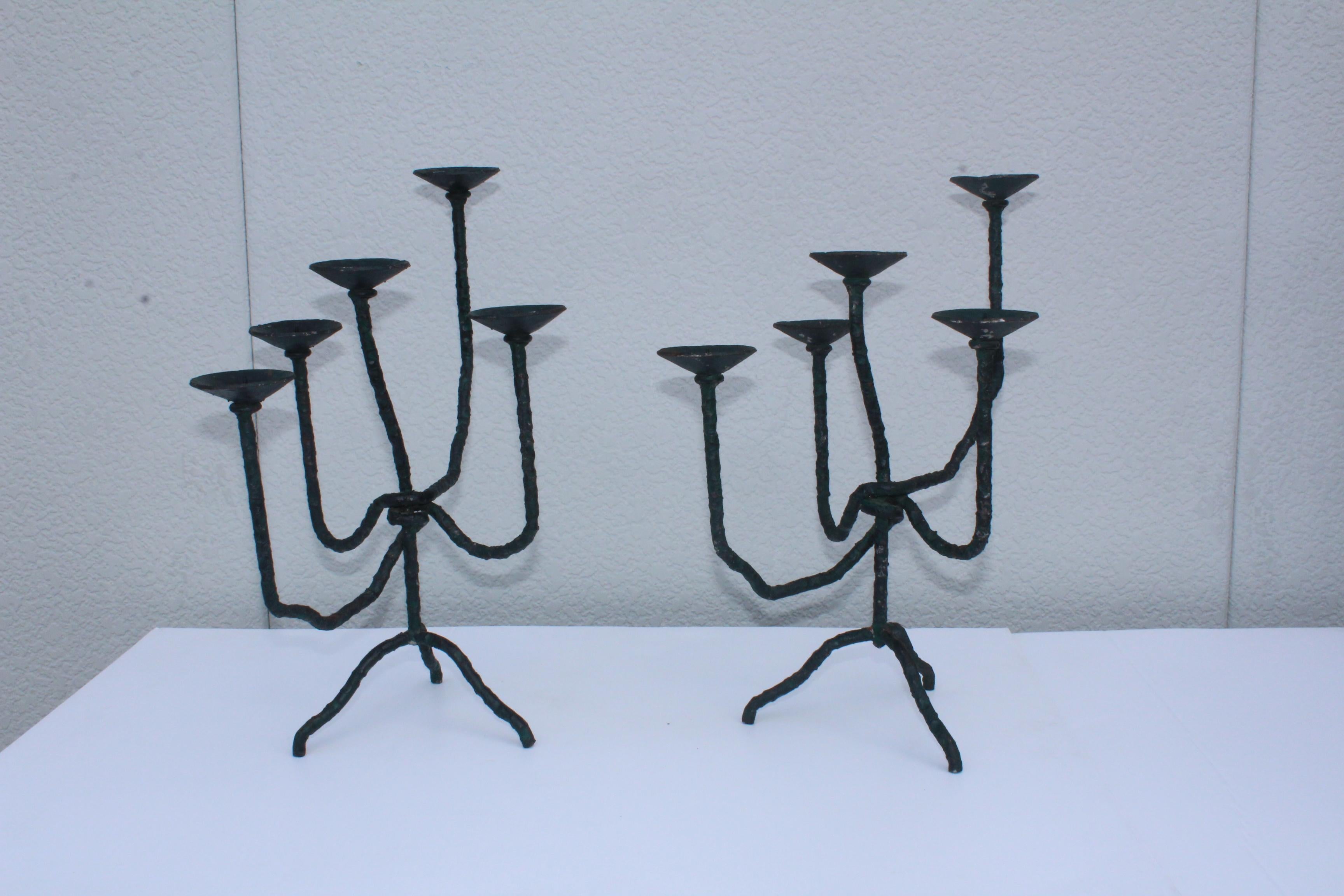1960s large pair of Brutalist iron candelabras.