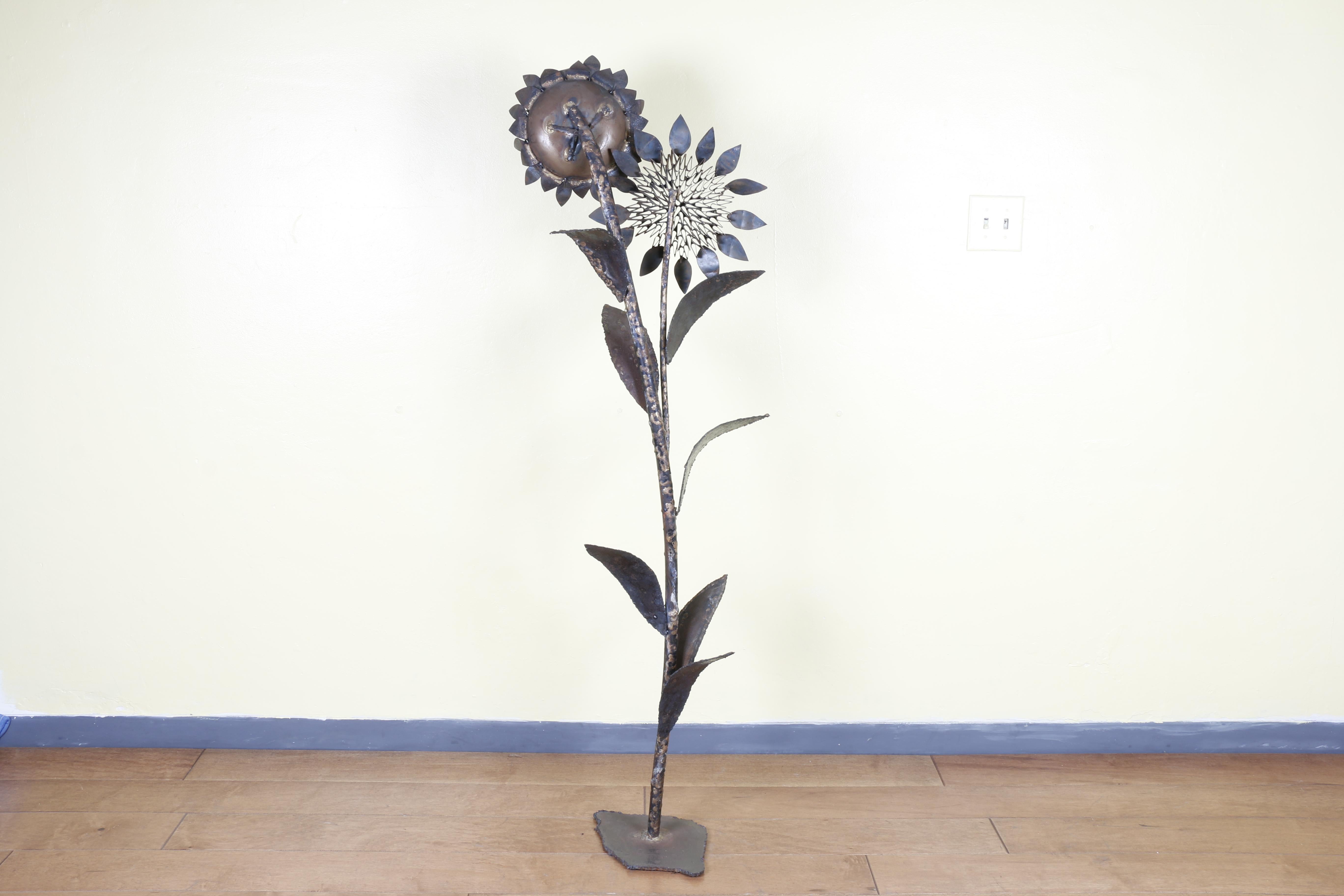 A really cool brutalist iron sunflower sculpture. A great job, this sculpture is very well done highly detailed. It is a piece that will stand out in any home.