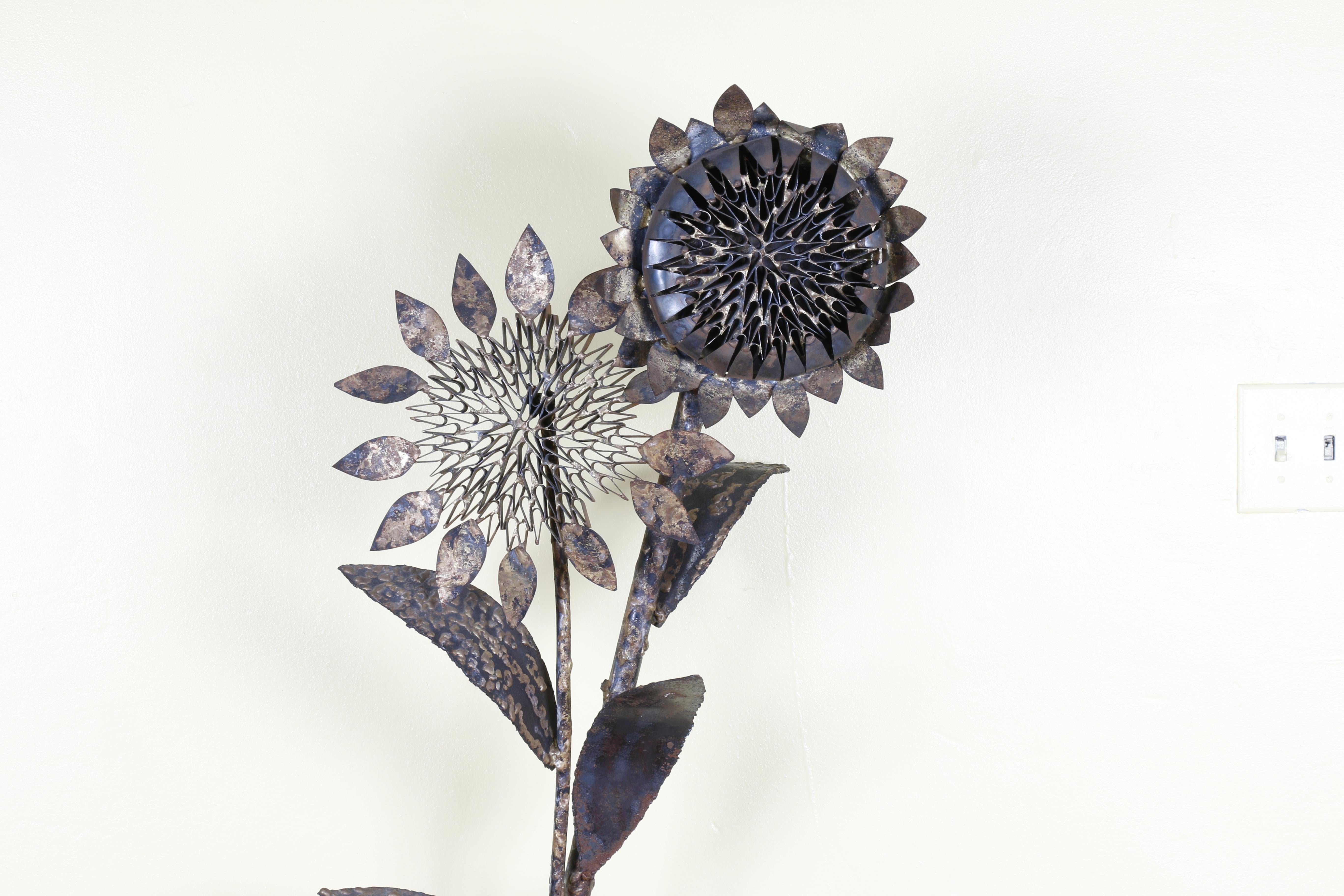 American 1960’s Brutalist Iron Tall Sunflower Sculpture For Sale