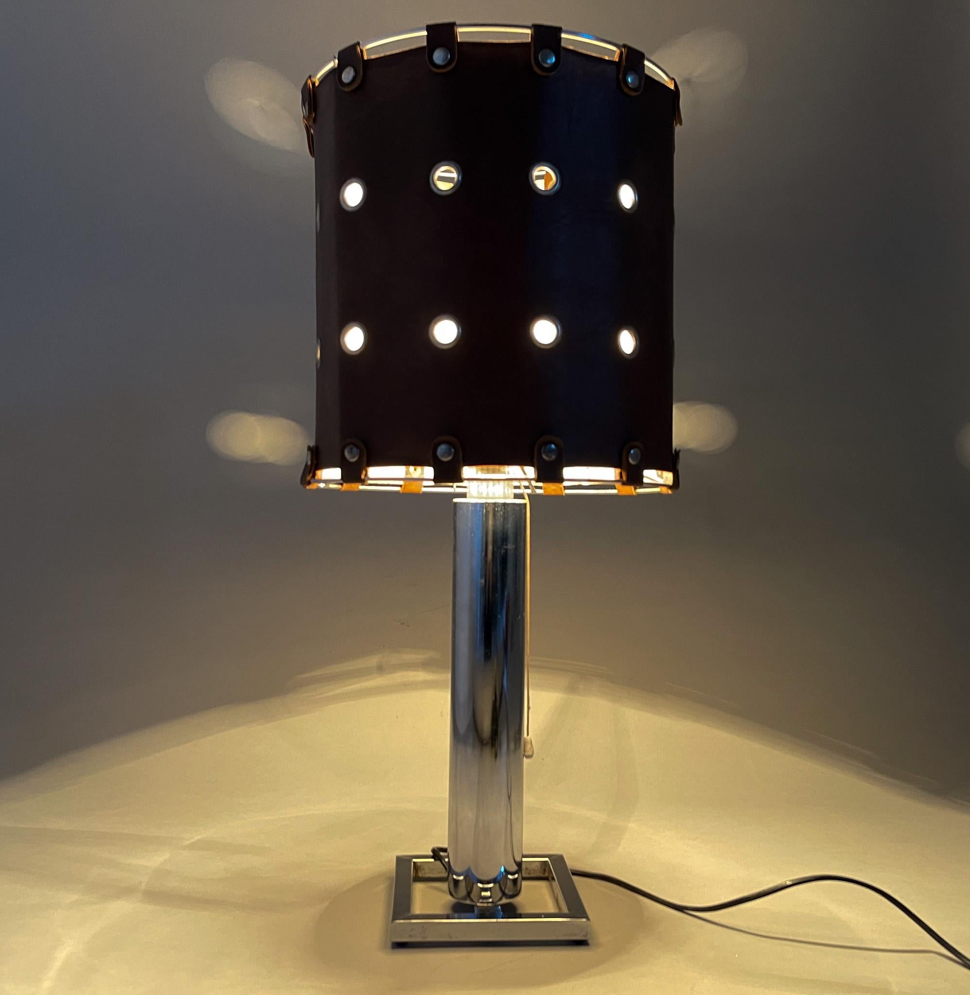 Mid-Century Modern 1960's Brutalist Italian Leather & Chrome Table Lamp