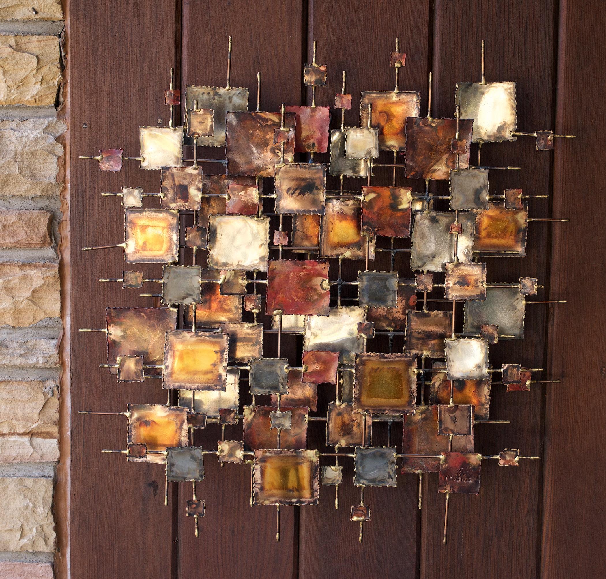 Brazened Metal Wall Art by Monk, in the style of Curtiss Jere of Artisan House. Medium in size at 21 inches square, great for Hallways, Foyers, etc.