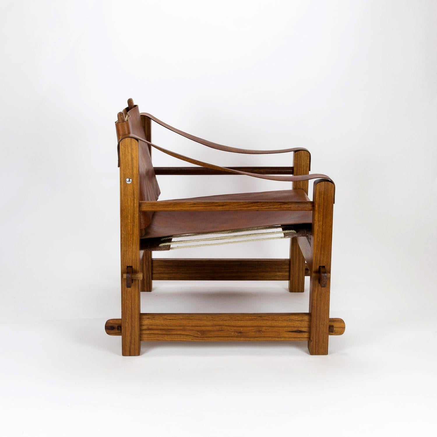 Scandinavian 1960s Brutalist Safari Chair in Teak and Leather For Sale
