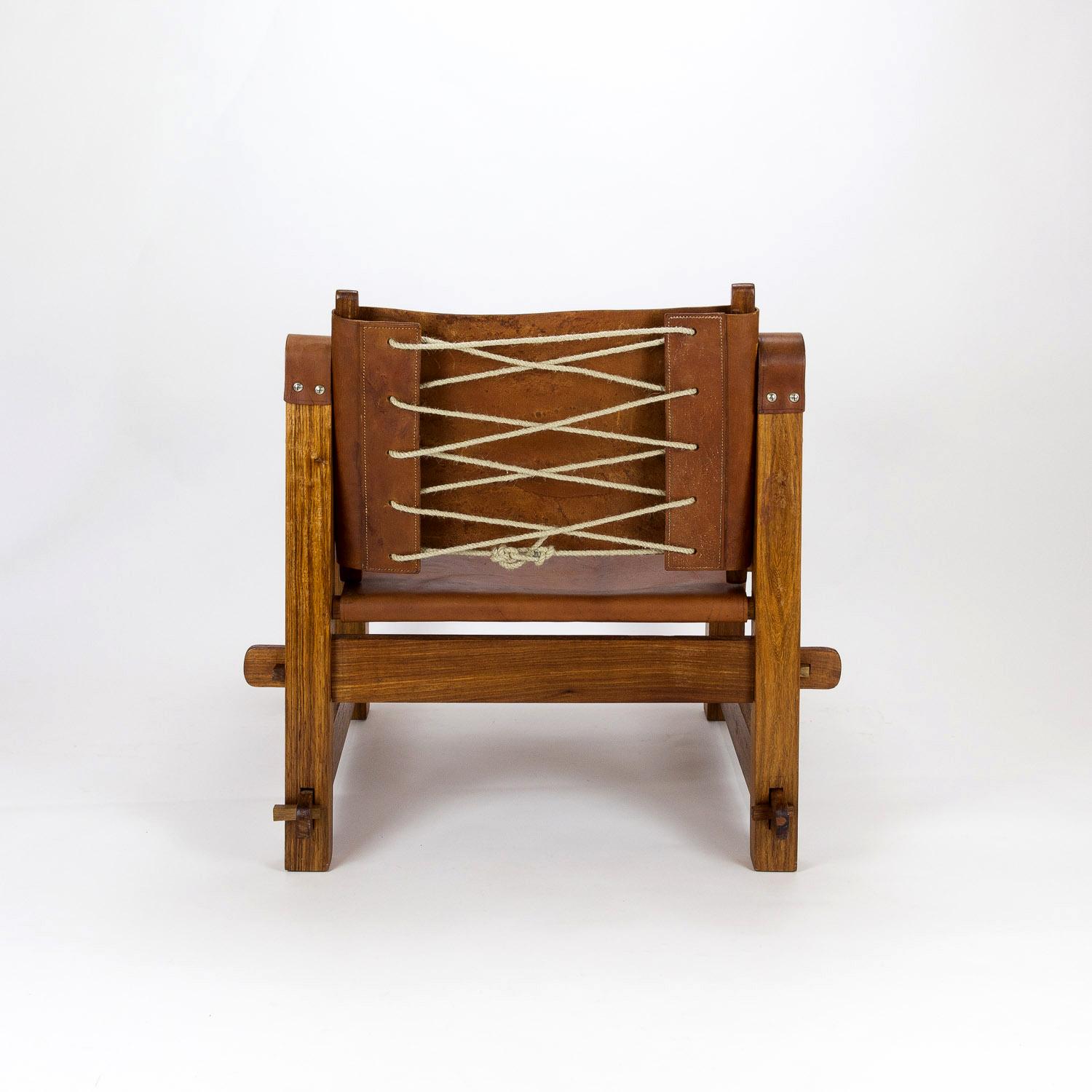 Hand-Crafted 1960s Brutalist Safari Chair in Teak and Leather For Sale