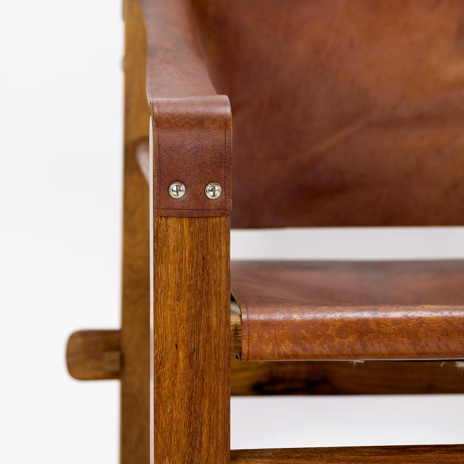 1960s Brutalist Safari Chair in Teak and Leather For Sale 3