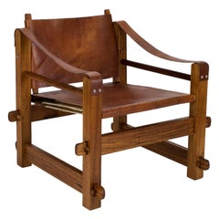 1960s Brutalist Safari Chair in Teak and Leather