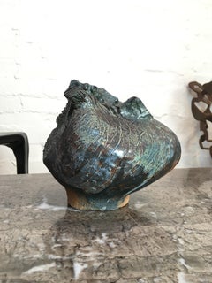 1960s Brutalist Sgraffito Earthenware Mingei Bizen Ikebana Vase Green Grey Black