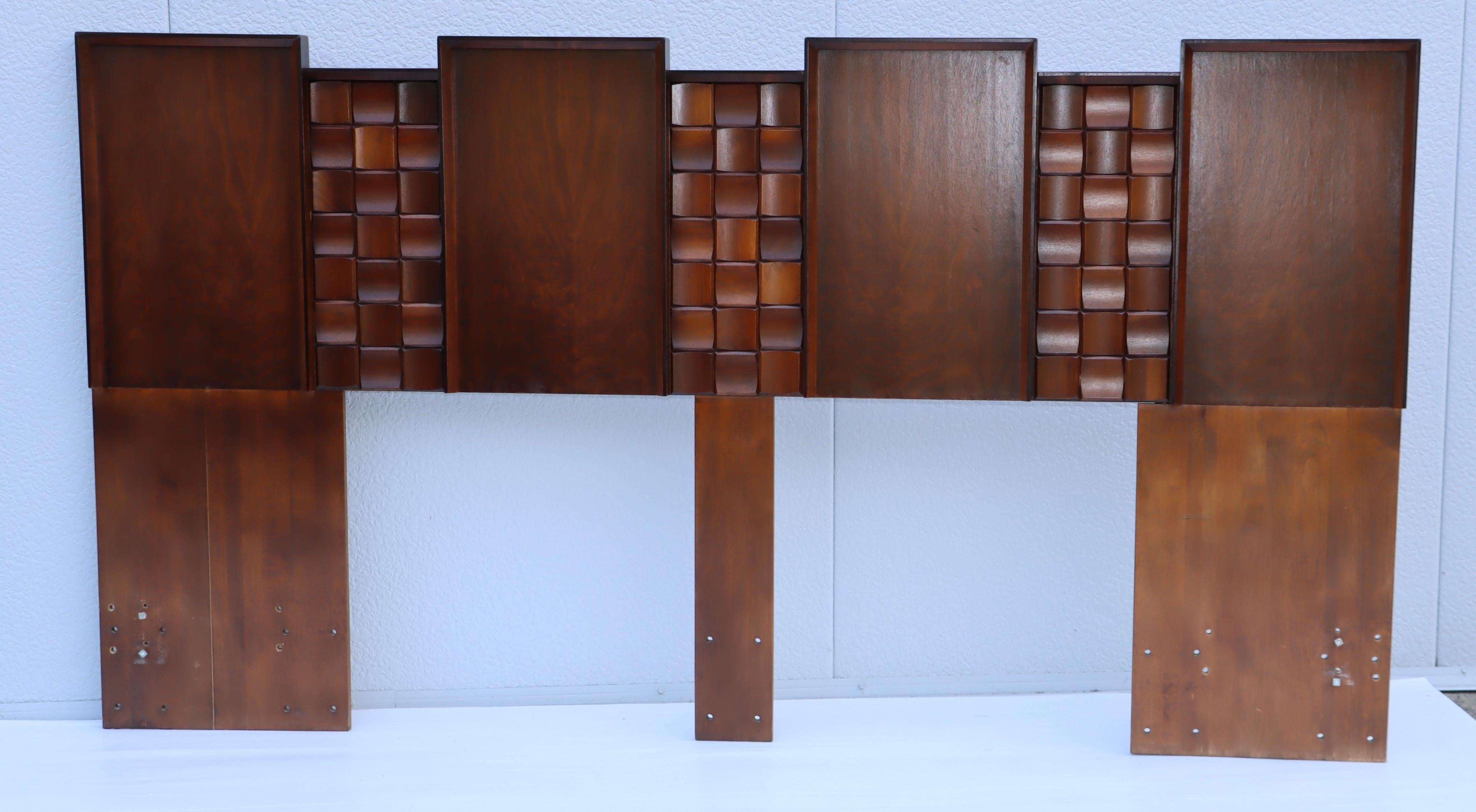 1960's walnut king size brutalist headboard from Canada, in vintage condition with minor wear and patina, lightly restored.