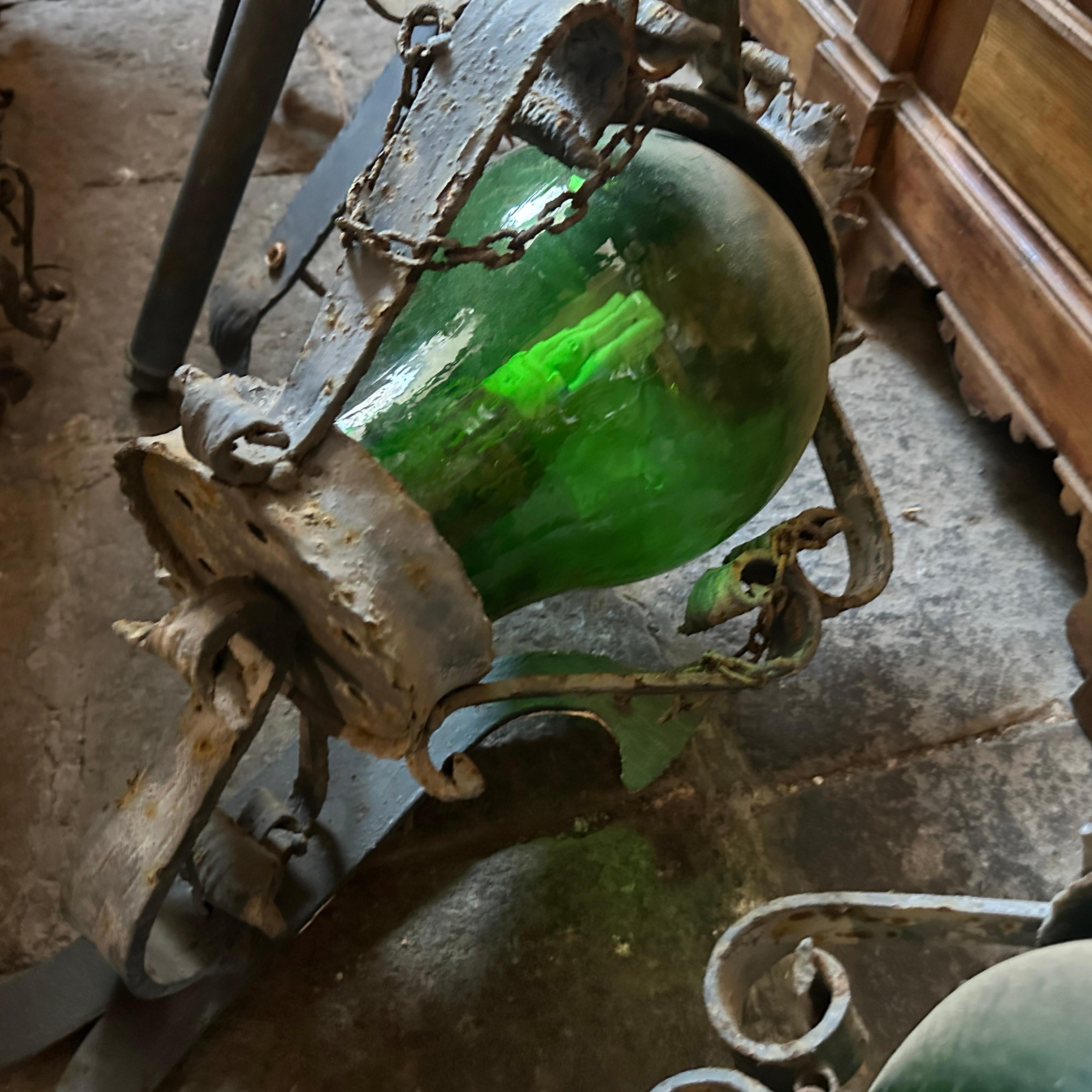 1960s Brutalist Wrought Iron and Green Glass Italian Huge Wall Sconces 5