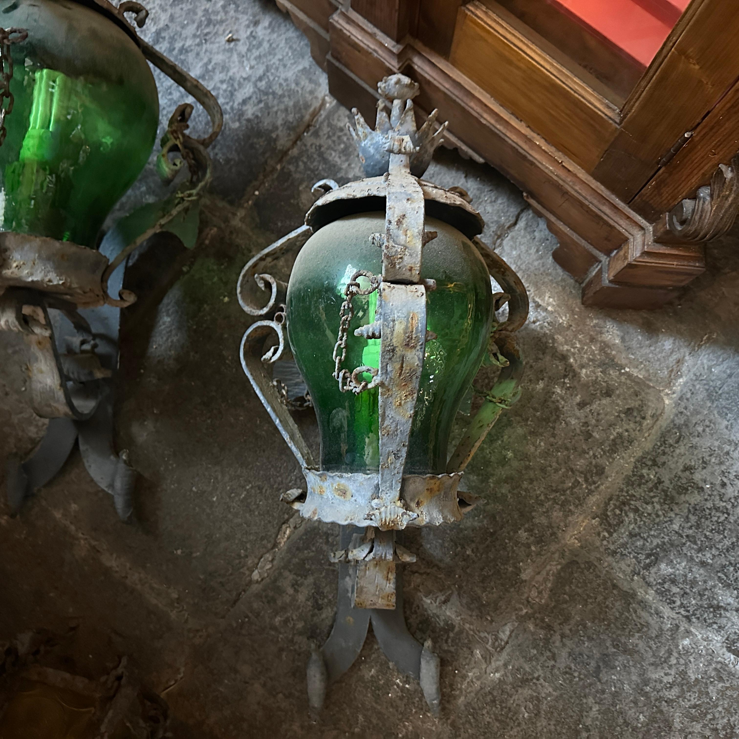1960s Brutalist Wrought Iron and Green Glass Italian Huge Wall Sconces 6