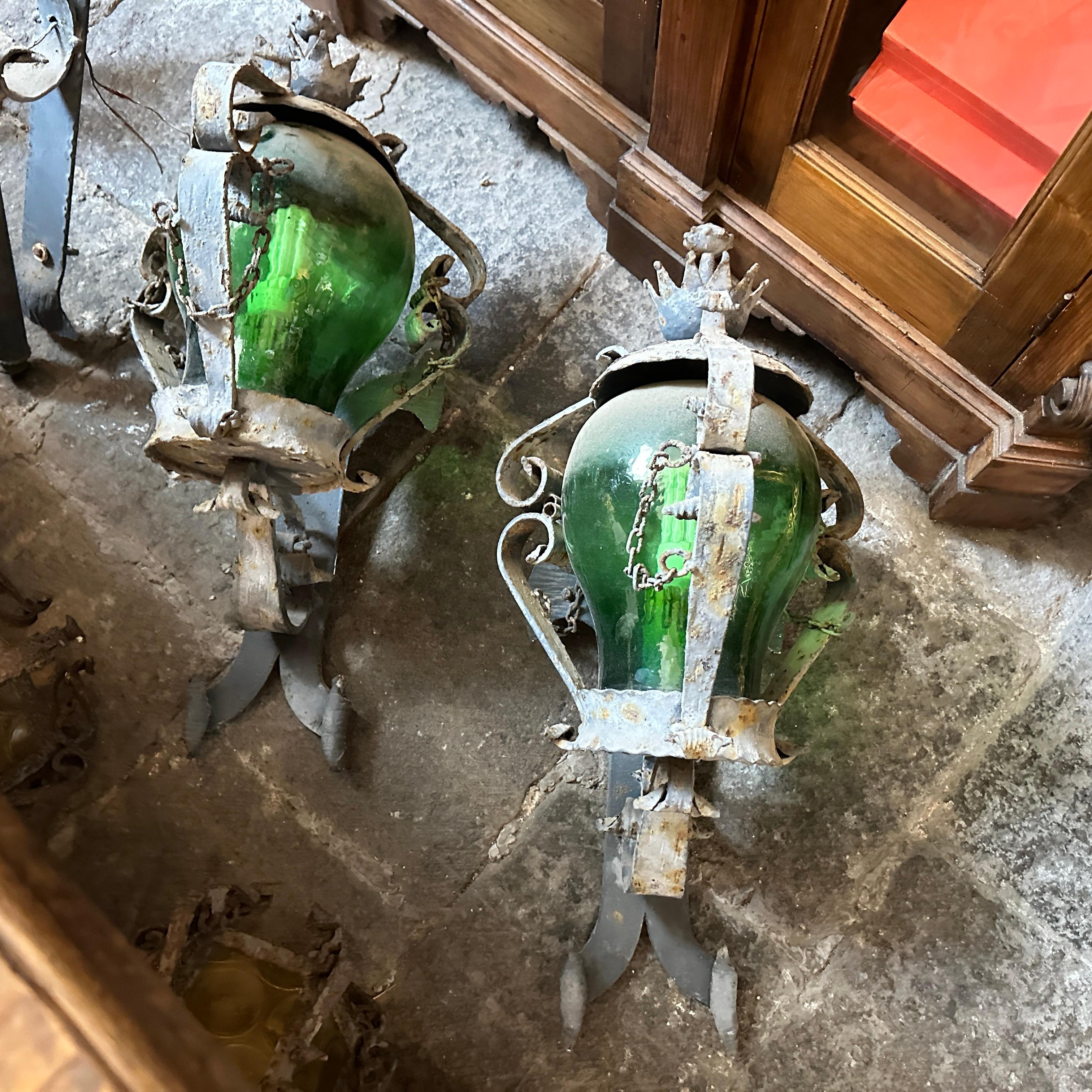 1960s Brutalist Wrought Iron and Green Glass Italian Huge Wall Sconces 7