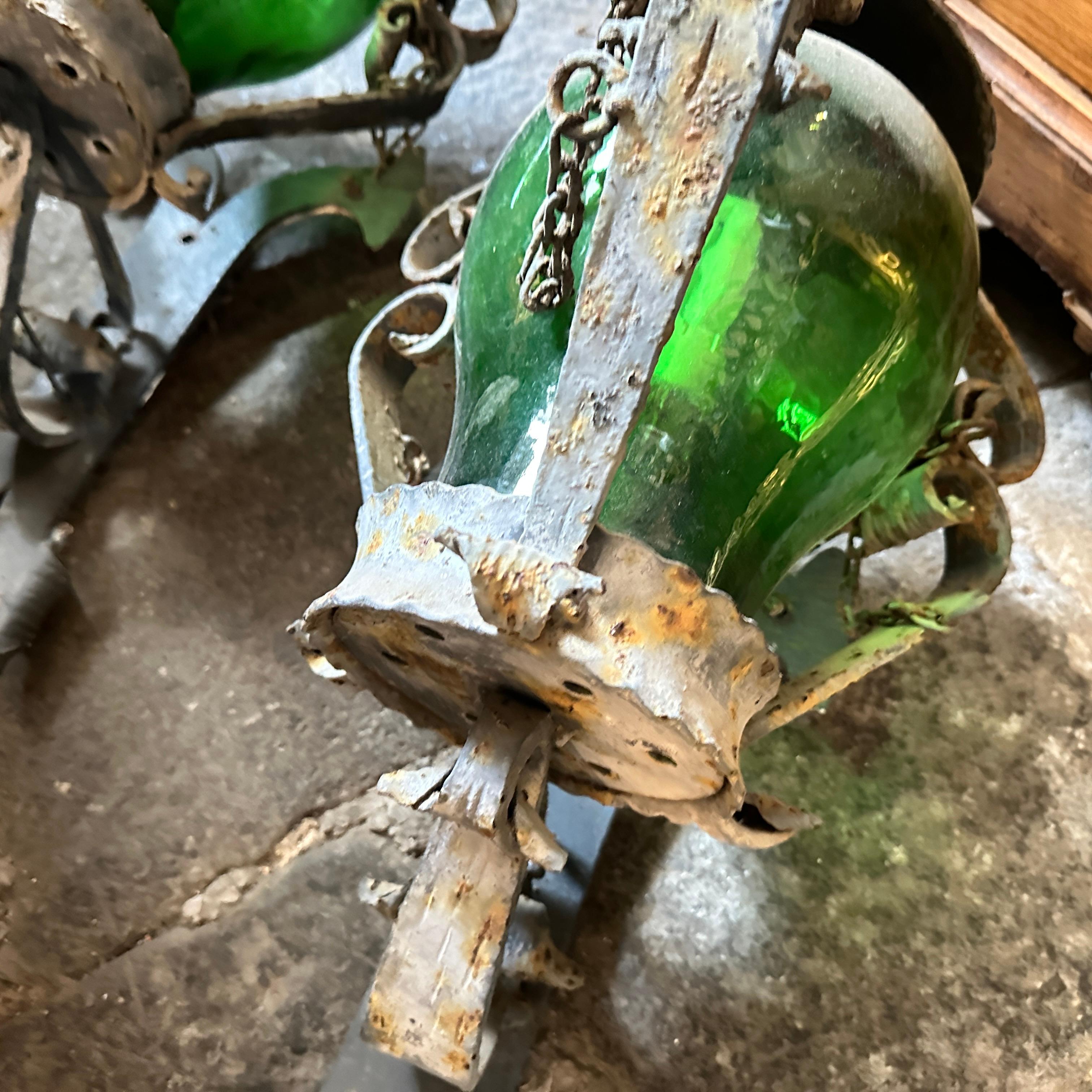 1960s Brutalist Wrought Iron and Green Glass Italian Huge Wall Sconces 8