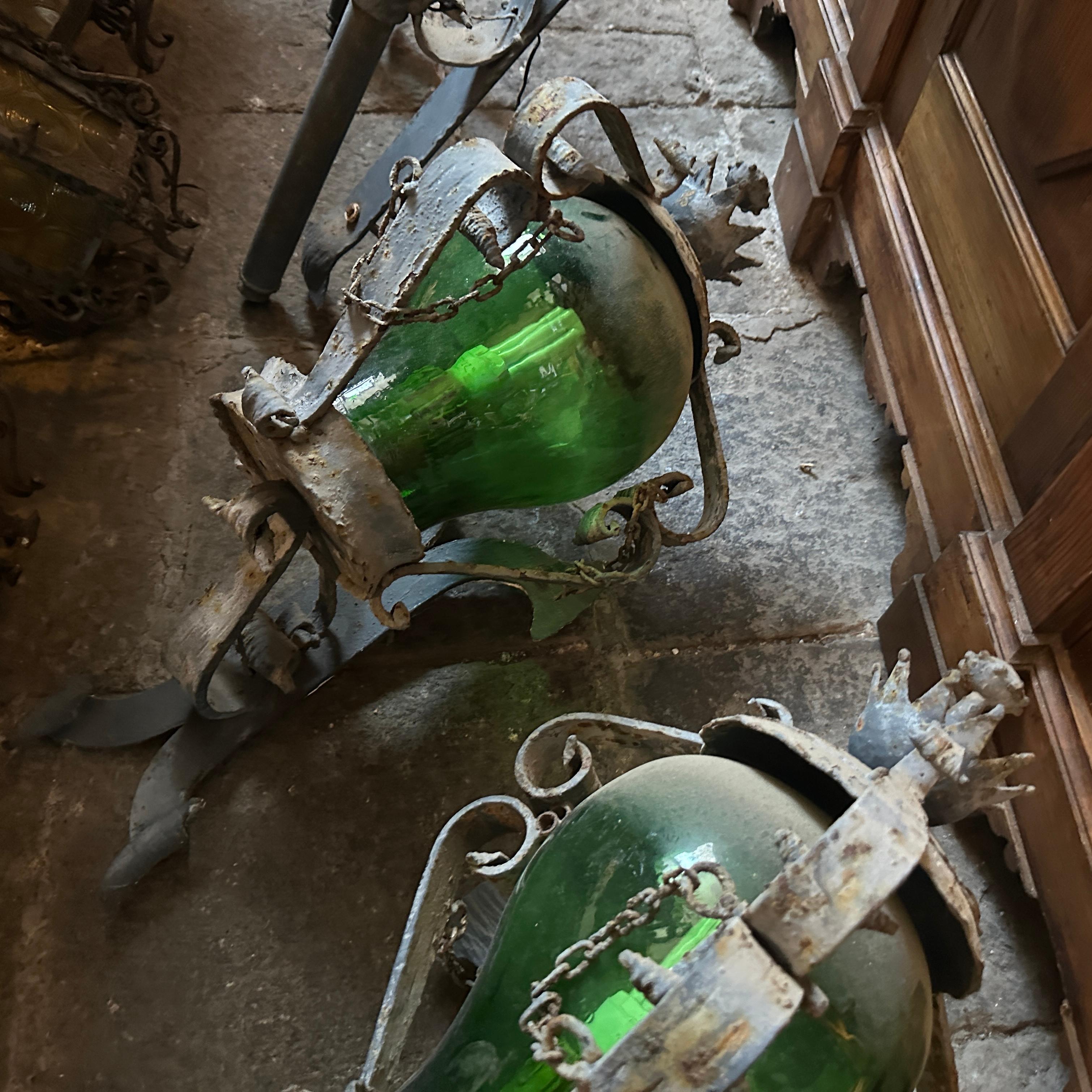 Hand-Crafted 1960s Brutalist Wrought Iron and Green Glass Italian Huge Wall Sconces