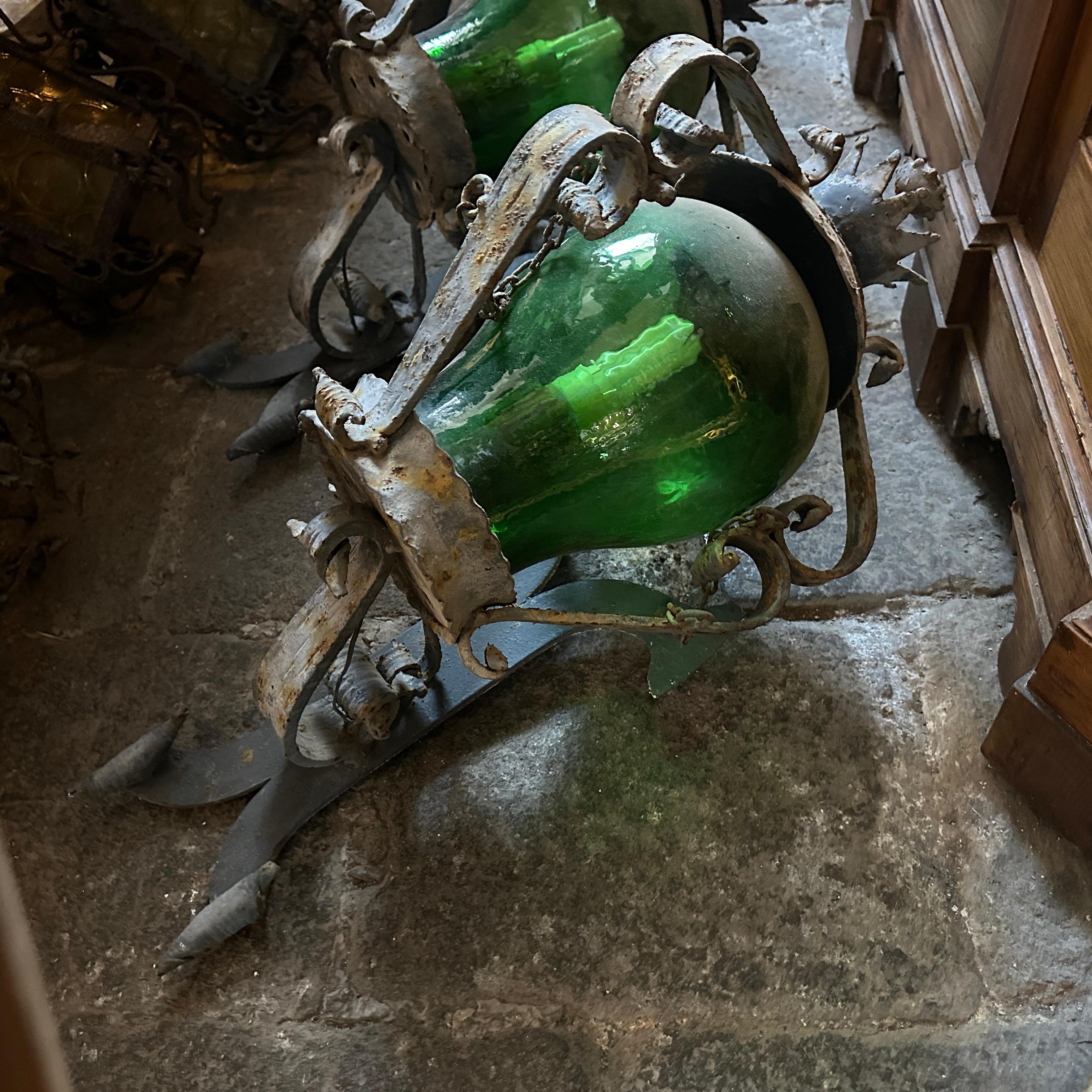 20th Century 1960s Brutalist Wrought Iron and Green Glass Italian Huge Wall Sconces