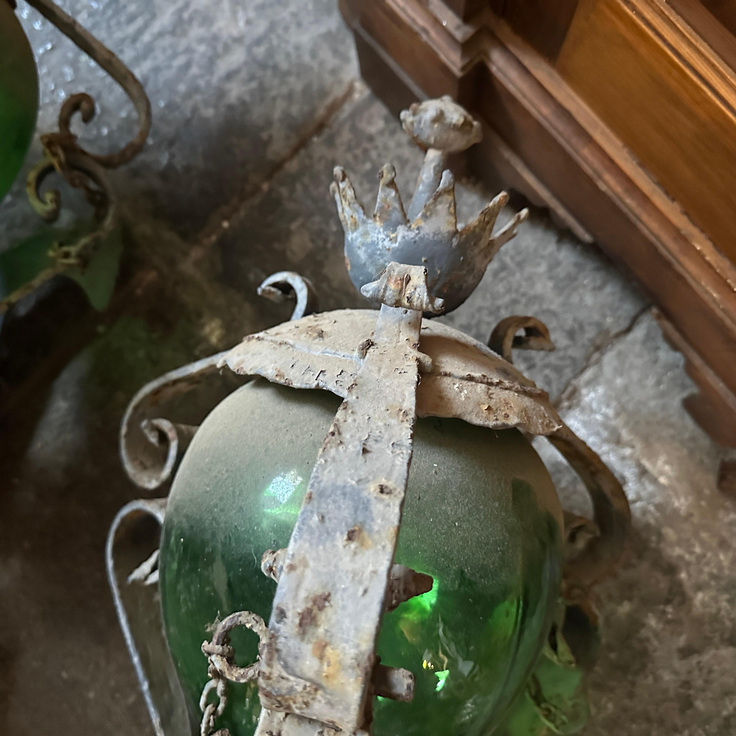 1960s Brutalist Wrought Iron and Green Glass Italian Huge Wall Sconces 1