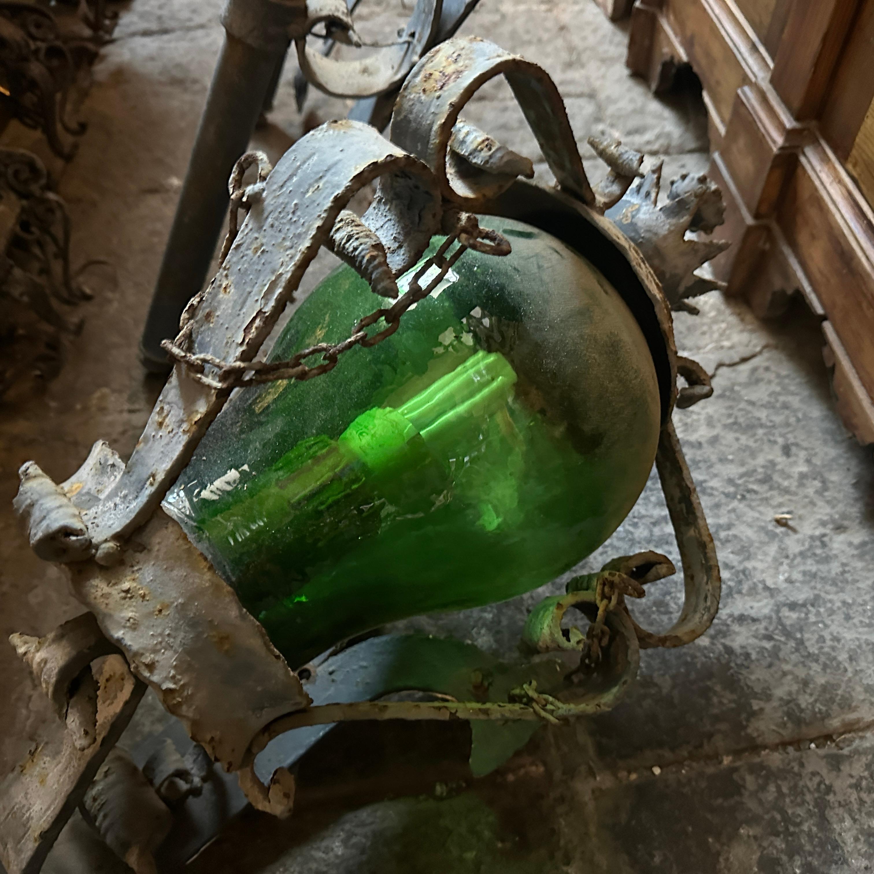 1960s Brutalist Wrought Iron and Green Glass Italian Huge Wall Sconces 2