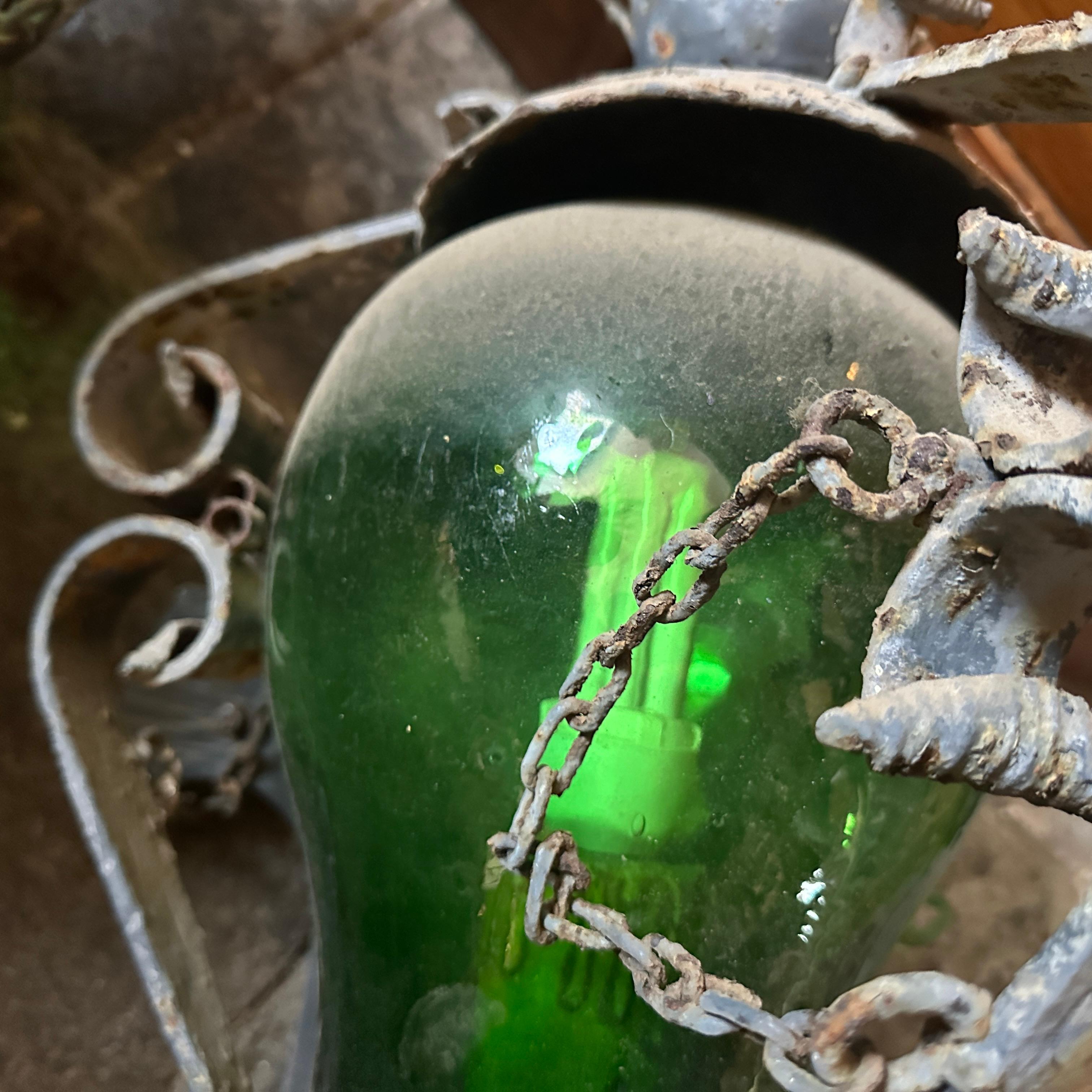 1960s Brutalist Wrought Iron and Green Glass Italian Huge Wall Sconces 3