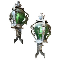 1960s Brutalist Wrought Iron and Green Glass Italian Huge Wall Sconces